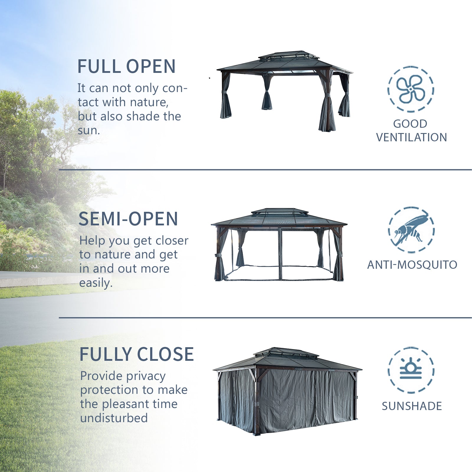 12' X 16' Hardtop Wood Gazebo For Patios, Outdoor Framed Gazebo With Polycarbonate Double Roof Canopy, Solid Wooden Framed Gazebo With Privacy Curtains And Mosquito Nettings For Garden, Backyard Black Aluminium