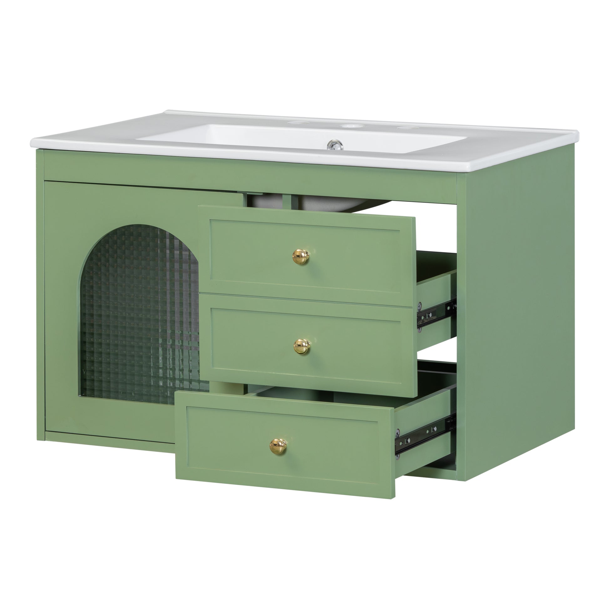 30X18X19.6 Inches Elegant Floating Bathroom Vanity Sink And Cabinet Combo 1 Door And 2 Drawers Green Bathroom Mdf