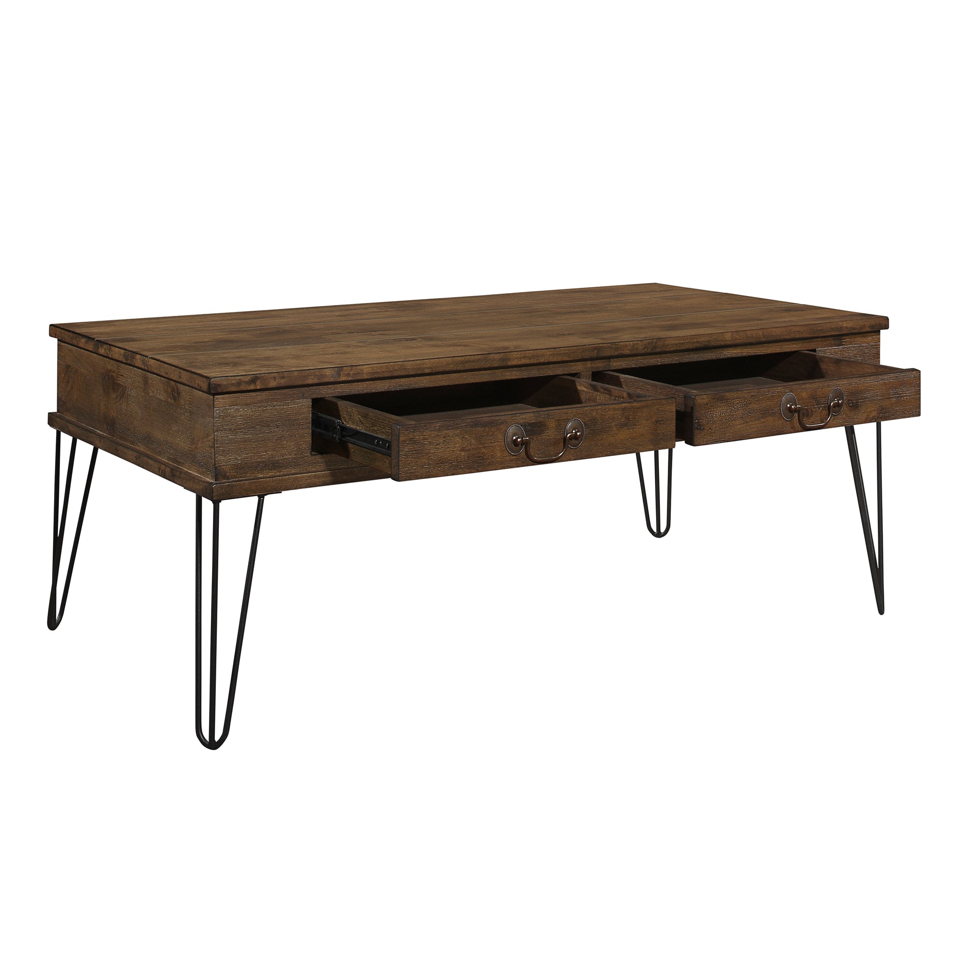 Rustic Oak And Black Finish Classic Rectangular Cocktail Table With 2 Drawers Metal Legs Solid Wood Living Room Furniture 1Pc Oak Primary Living Space Classic,Rustic,Traditional Rubberwood Drawers Coffee & End Tables Rectangular Solid Wood