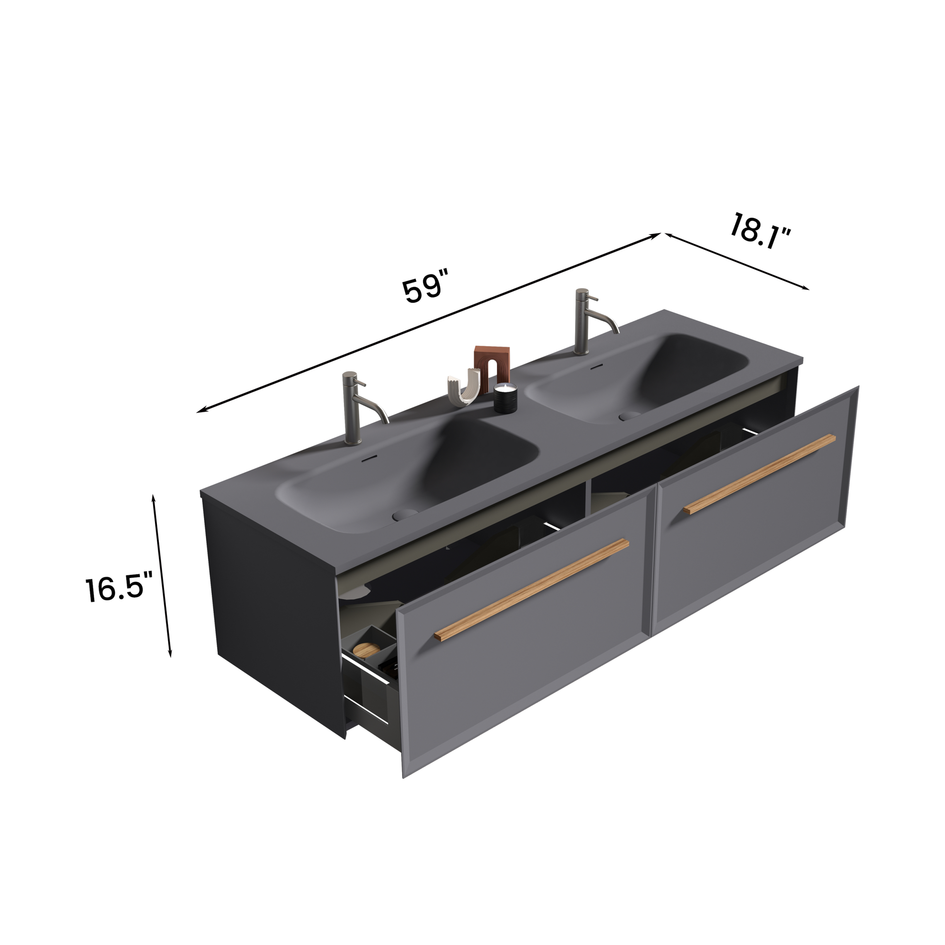 U054 Nevia60W 207 Nevia 60" Exclusive Gray Bathroom Vanity With Gray Solid Surface Sink, Wall Mounted Floating Bathroom Vanity For Modern Bathroom, One Piece Gray Basin Without Drain, Pre Assembled Gray Plywood