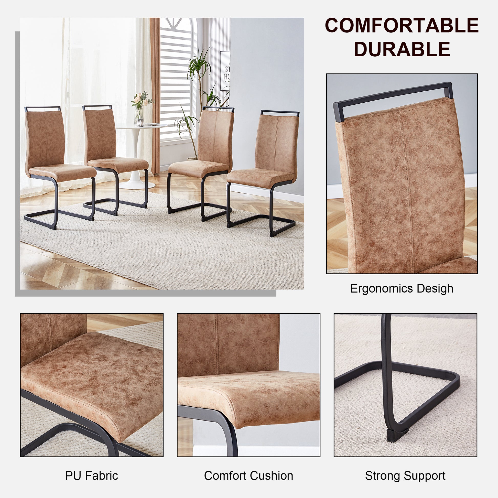 Modern Dining Chairs, Technology Cloth High Back Upholstered Side Chair With C Shaped Tube Black Metal Legs For Dining Room Kitchen Vanity Club Guest Office Chair Set Of 4 Brown 1162 Brown Foam Fabric