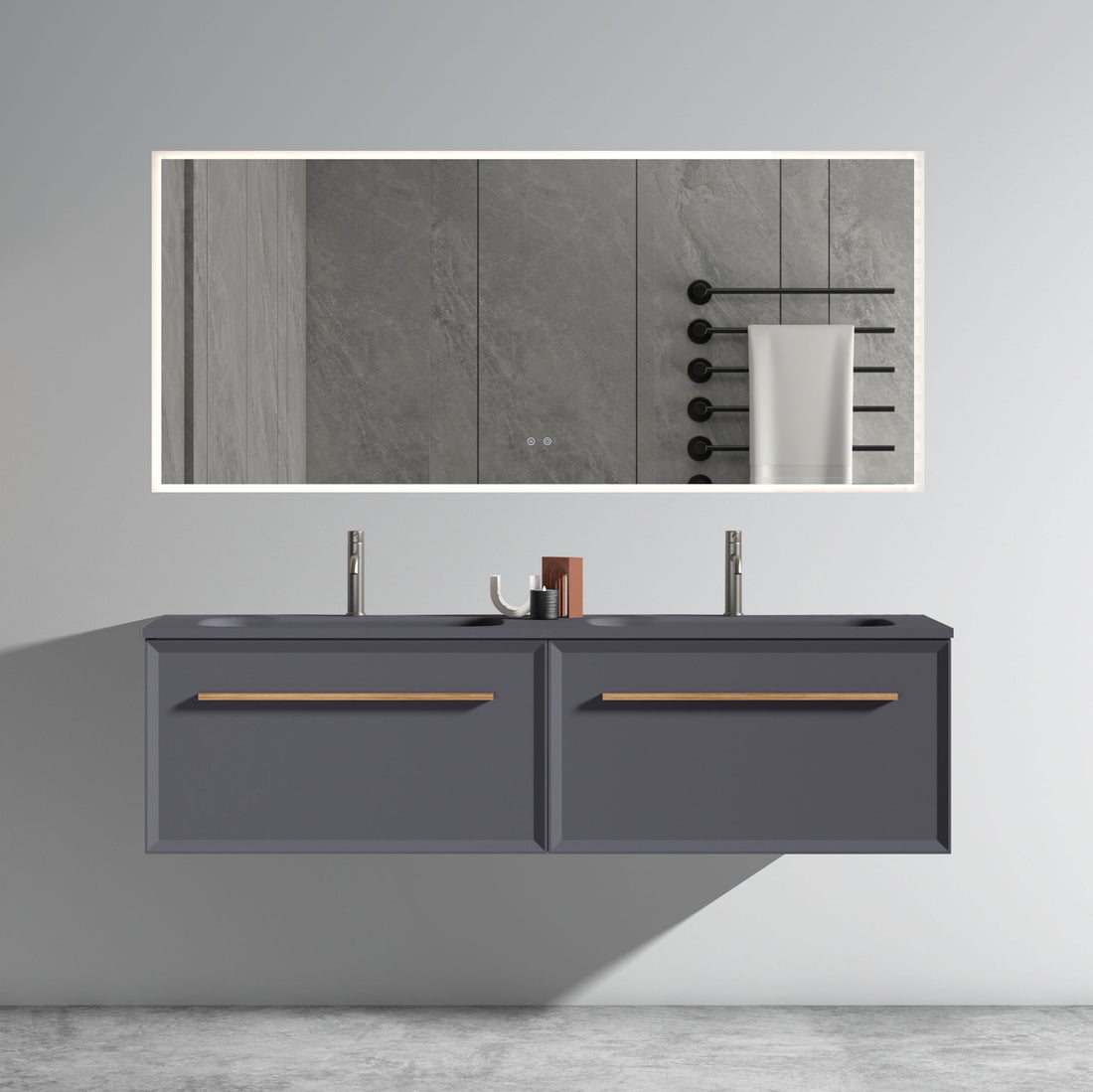 U054 Nevia60W 207 Nevia 60" Exclusive Gray Bathroom Vanity With Gray Solid Surface Sink, Wall Mounted Floating Bathroom Vanity For Modern Bathroom, One Piece Gray Basin Without Drain, Pre Assembled Gray Plywood