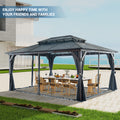 12' X 16' Hardtop Wood Gazebo For Patios, Outdoor Framed Gazebo With Polycarbonate Double Roof Canopy, Solid Wooden Framed Gazebo With Privacy Curtains And Mosquito Nettings For Garden, Backyard Black Aluminium