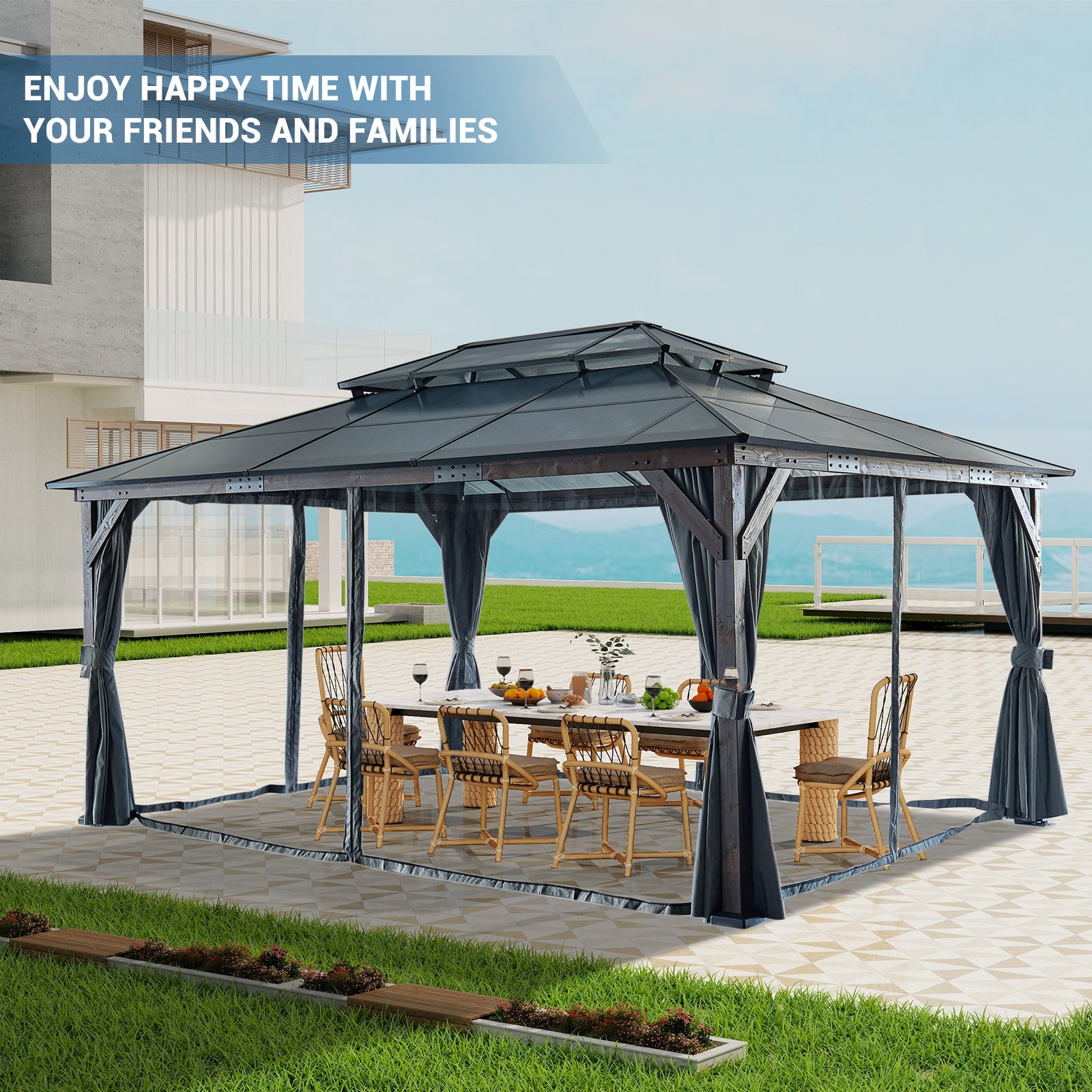 12' X 16' Hardtop Wood Gazebo For Patios, Outdoor Framed Gazebo With Polycarbonate Double Roof Canopy, Solid Wooden Framed Gazebo With Privacy Curtains And Mosquito Nettings For Garden, Backyard Black Aluminium