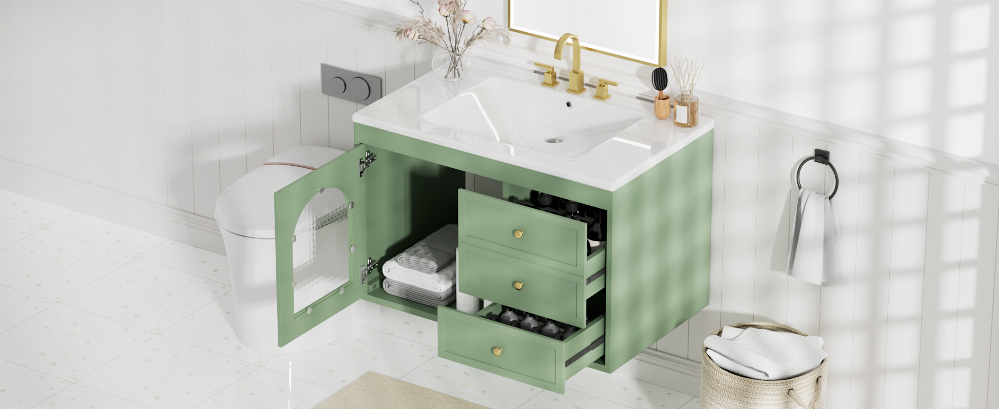 30X18X19.6 Inches Elegant Floating Bathroom Vanity Sink And Cabinet Combo 1 Door And 2 Drawers Green Bathroom Mdf