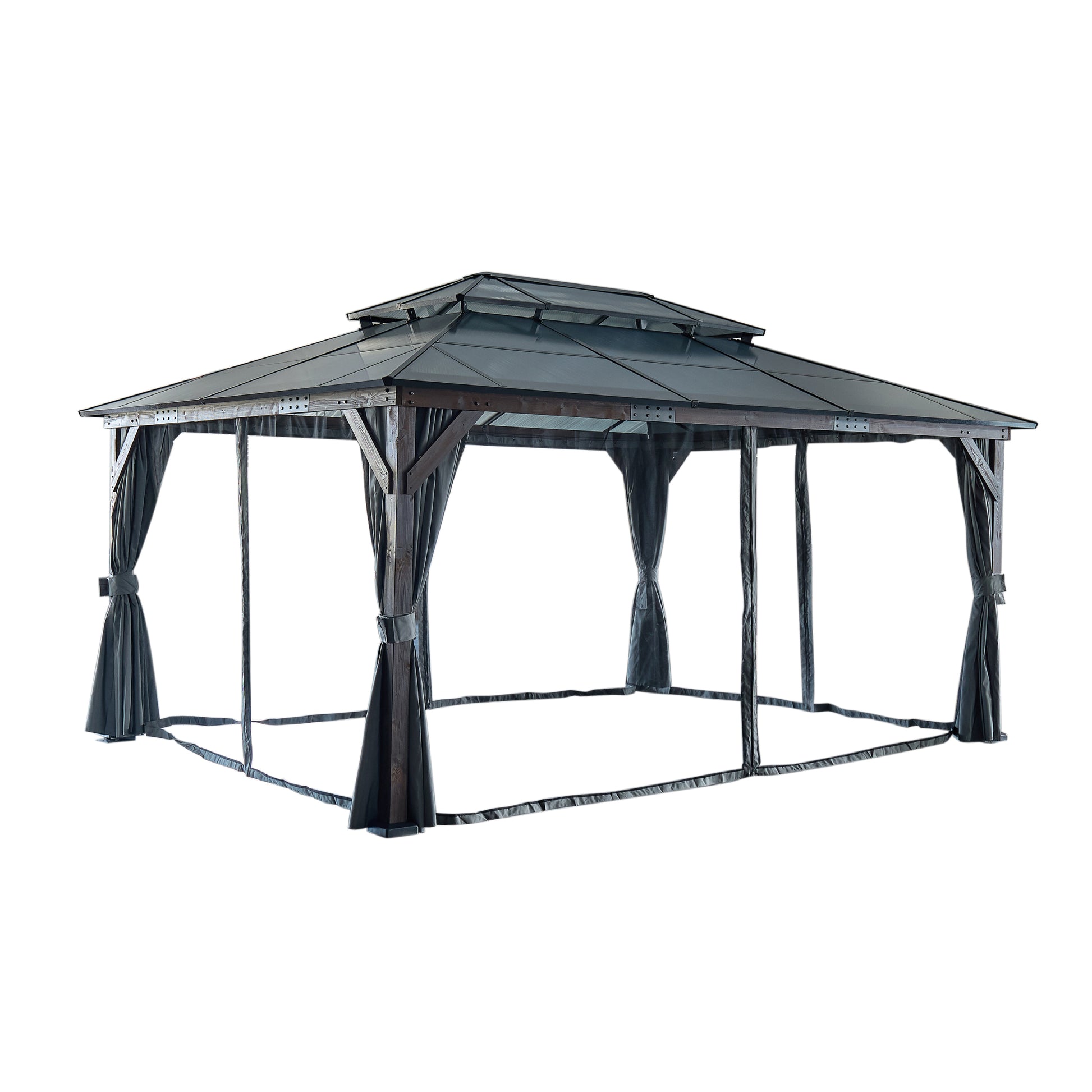 12' X 16' Hardtop Wood Gazebo For Patios, Outdoor Framed Gazebo With Polycarbonate Double Roof Canopy, Solid Wooden Framed Gazebo With Privacy Curtains And Mosquito Nettings For Garden, Backyard Black Aluminium