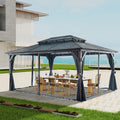 12' X 16' Hardtop Wood Gazebo For Patios, Outdoor Framed Gazebo With Polycarbonate Double Roof Canopy, Solid Wooden Framed Gazebo With Privacy Curtains And Mosquito Nettings For Garden, Backyard Black Aluminium