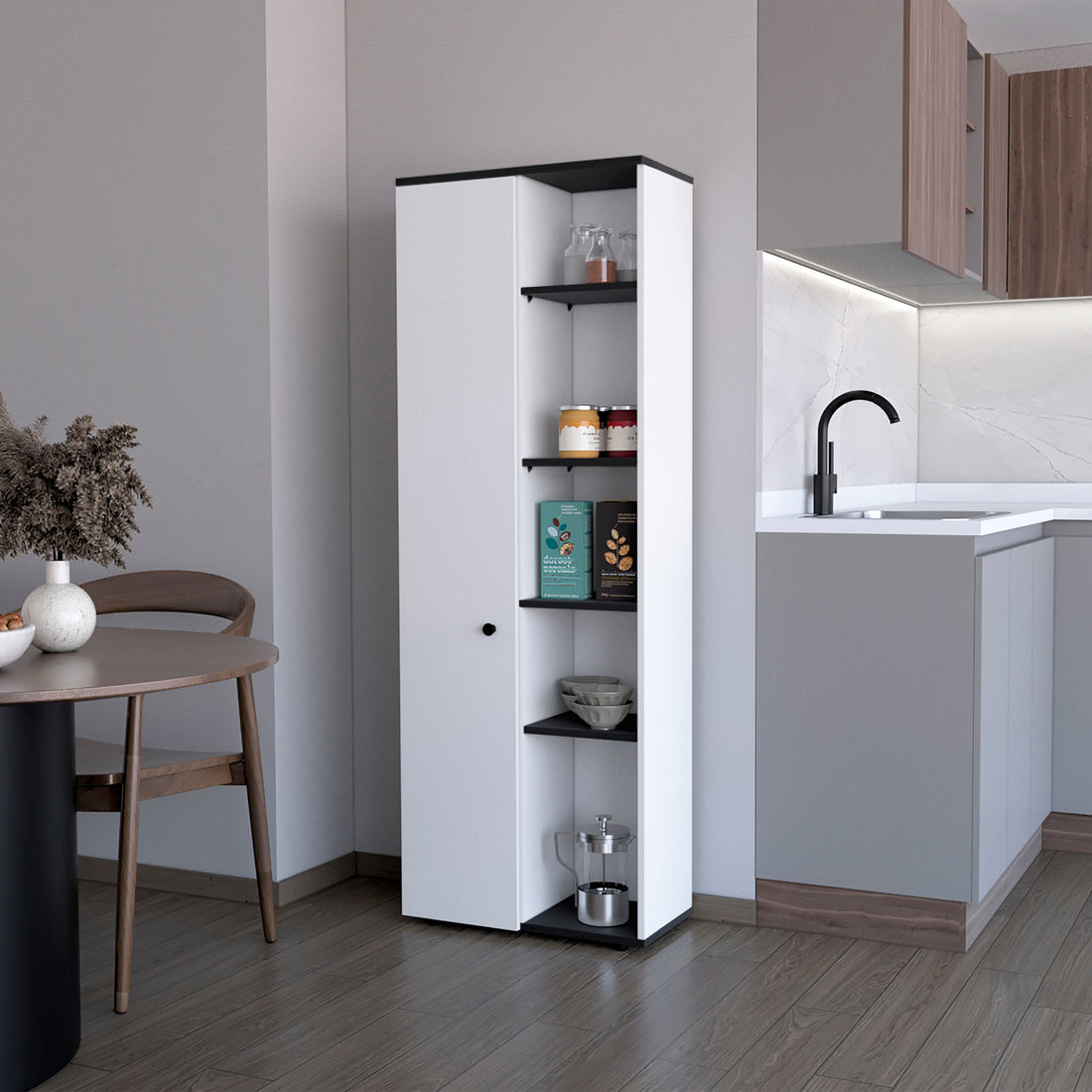 White And Black 1 Door Multistorage Kitchen Pantry White Black Kitchen Shelves Included Wood