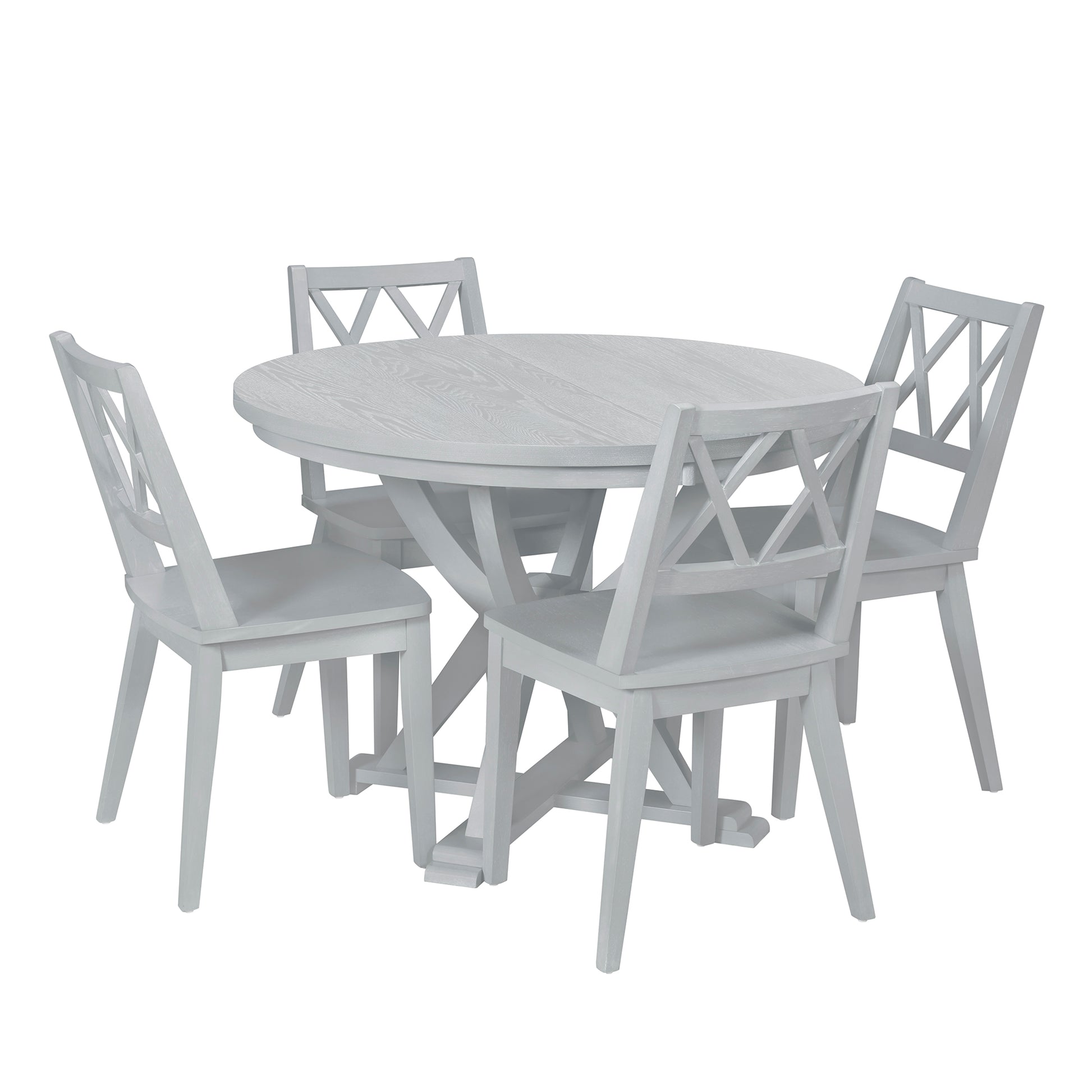 Mid Century 5 Piece Extendable Round Dining Table Set With 15.7" Removable Leaf And 4 Cross Back Dining Chairs, Grey Gray Wood Dining Room Extendable Rubberwood Oval Dining Table With Chair Wood Wood Antique Gray Seats 4 Removable Leaf Mid Century Modern