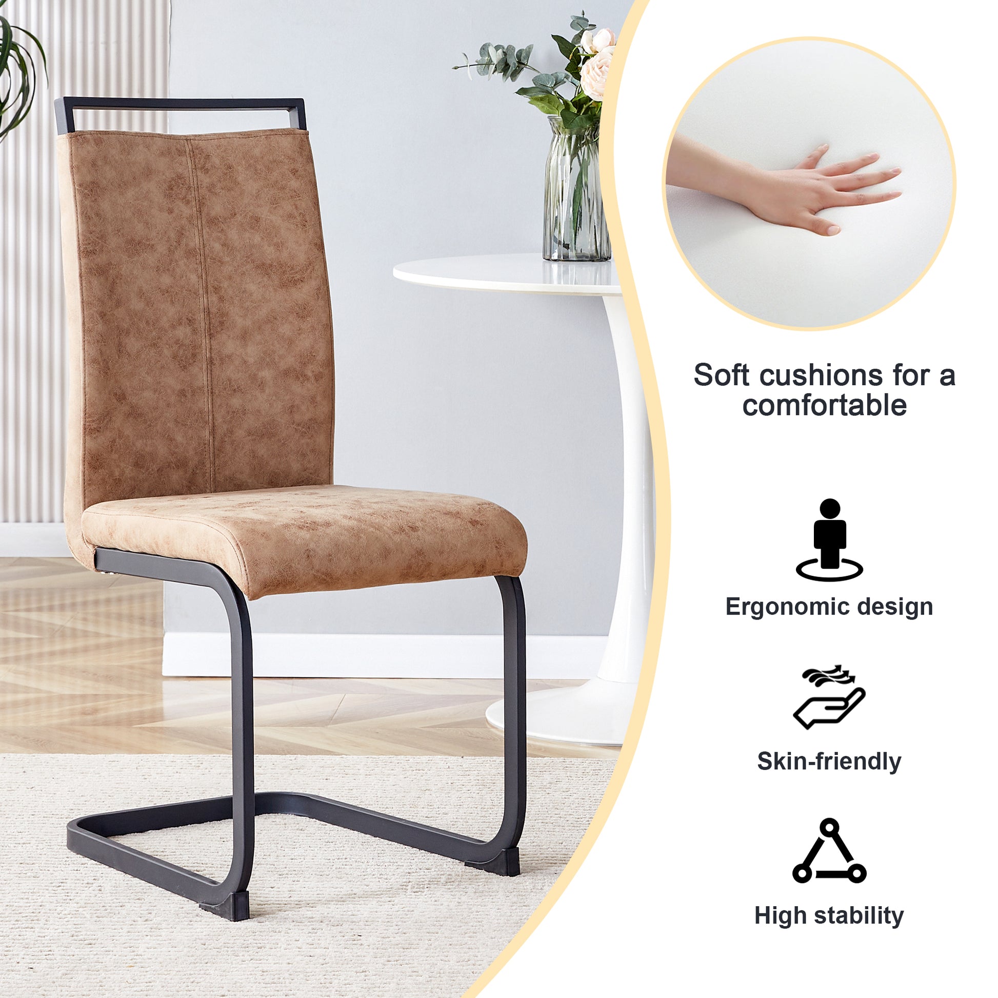 Modern Dining Chairs, Technology Cloth High Back Upholstered Side Chair With C Shaped Tube Black Metal Legs For Dining Room Kitchen Vanity Club Guest Office Chair Set Of 4 Brown 1162 Brown Foam Fabric