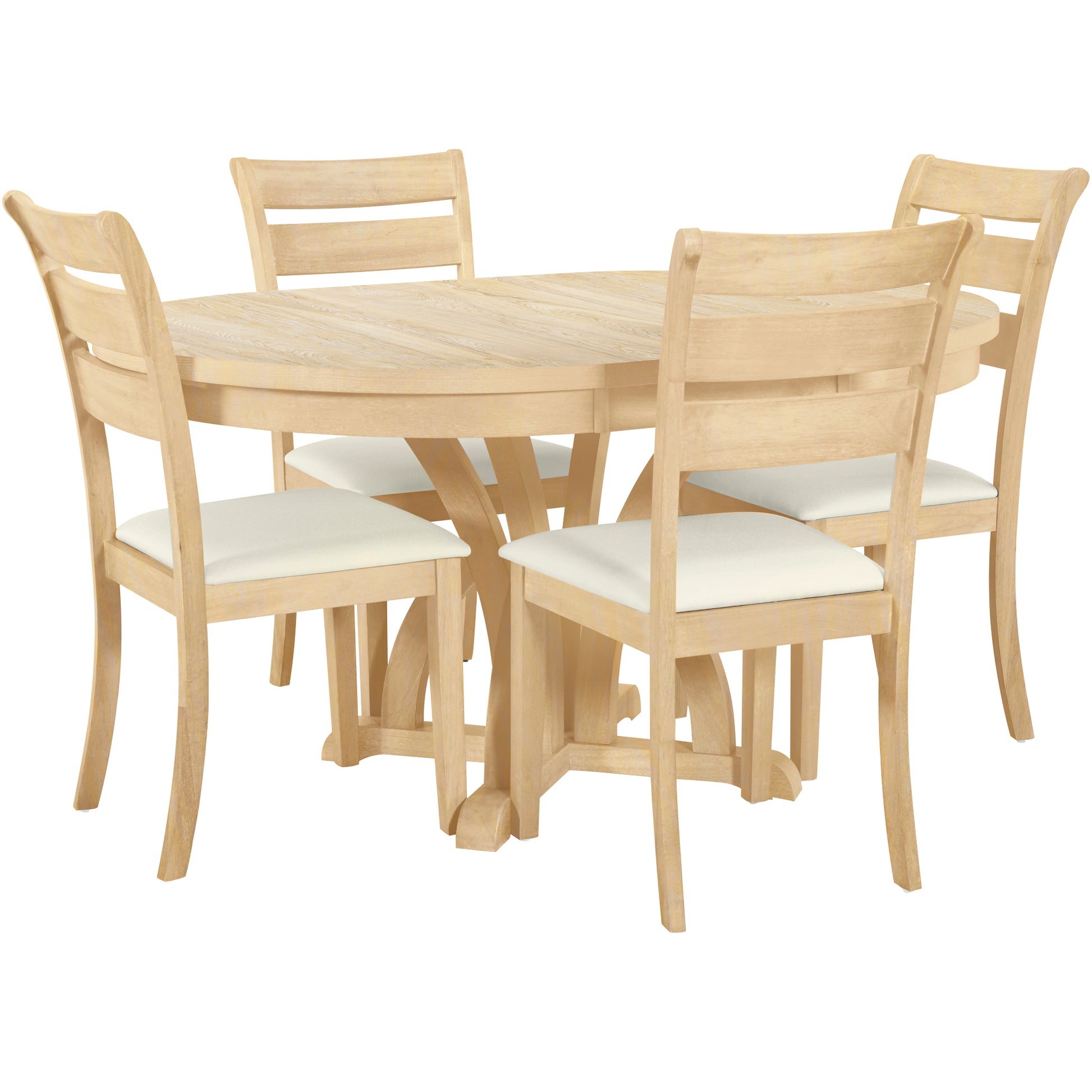 5 Piece Farmhouse Round Pedestal Extending Dining Table Set Extendable Kitchen Table Set With 15.8" Removable Leaf And Ladder Back Dining Chairs For Small Places, Natural Wood Dining Room Extendable Rubberwood Oval Dining Table With Chair Upholstered