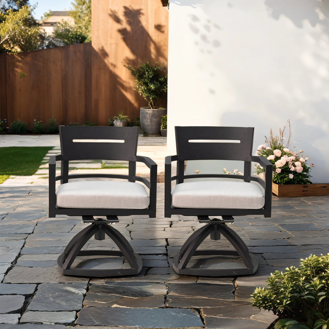 Outdoor Patio Aluminum Swivel Rocker 2Pcs With Outdoor Grade Sunbrella Fabric Cushions, Ember Black Yes Ember Black Rust Resistant Frame Garden & Outdoor Contemporary Multiple Chairs Seating Group Aluminum