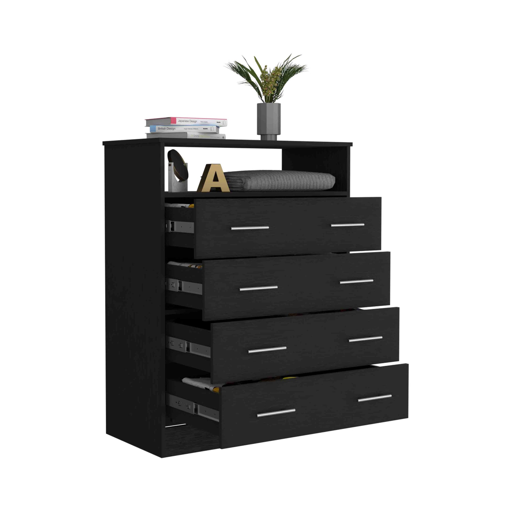 Peru L Four Drawer Dresser, Superior Top, One Open Shelf Black Black Bedroom Modern Particle Board Particle Board