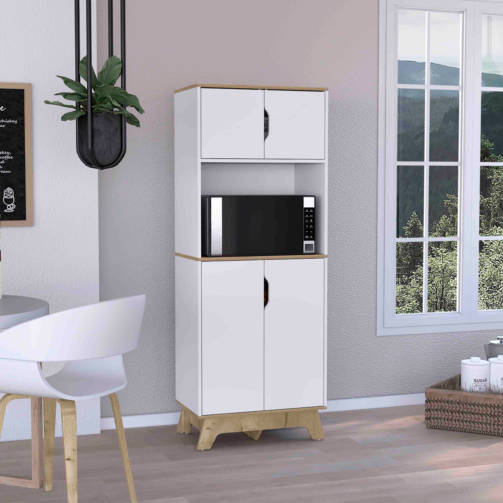 Pamplona Microwave Tall Cabinet Counter Surface, Top And Lower Double Doors Cabinets Light Oak White Multicolor Modern Particle Board Particle Board