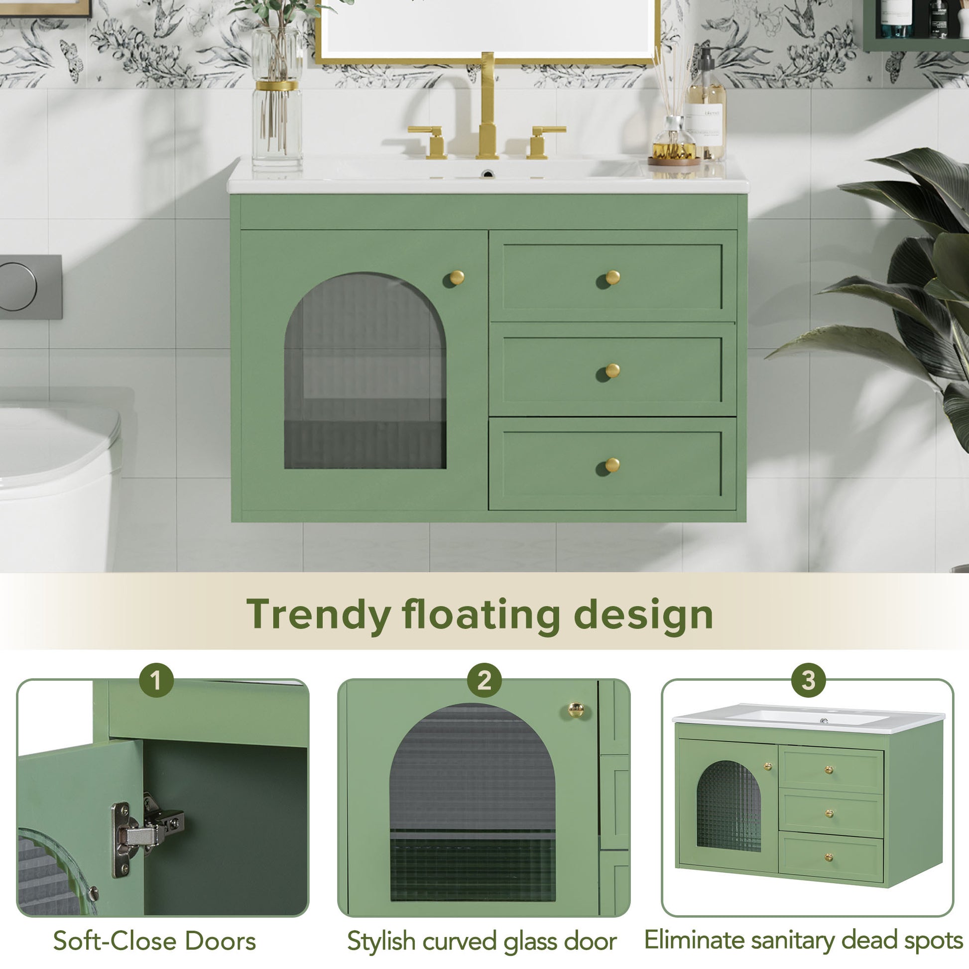 30X18X19.6 Inches Elegant Floating Bathroom Vanity Sink And Cabinet Combo 1 Door And 2 Drawers Green Bathroom Mdf