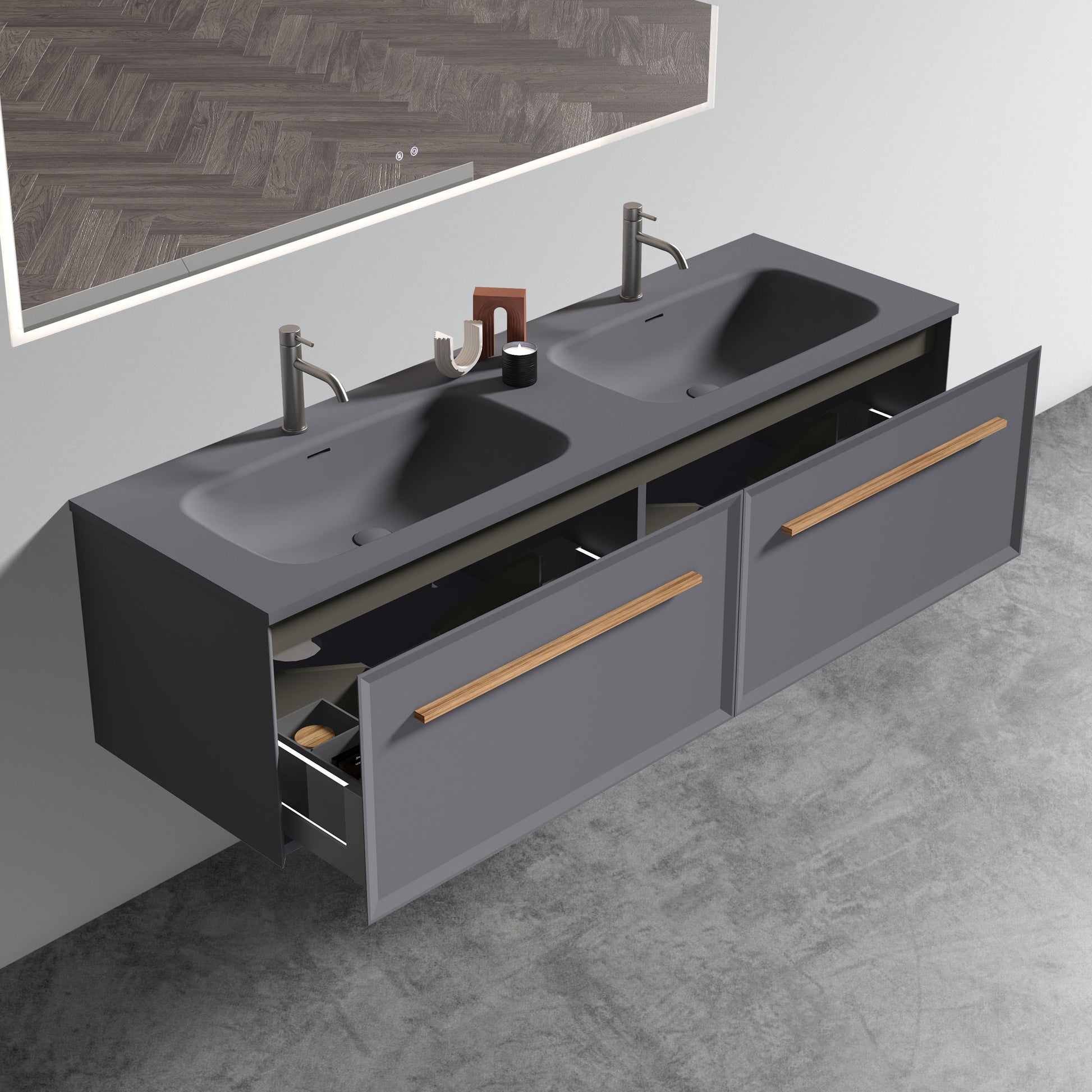 U054 Nevia60W 207 Nevia 60" Exclusive Gray Bathroom Vanity With Gray Solid Surface Sink, Wall Mounted Floating Bathroom Vanity For Modern Bathroom, One Piece Gray Basin Without Drain, Pre Assembled Gray Plywood