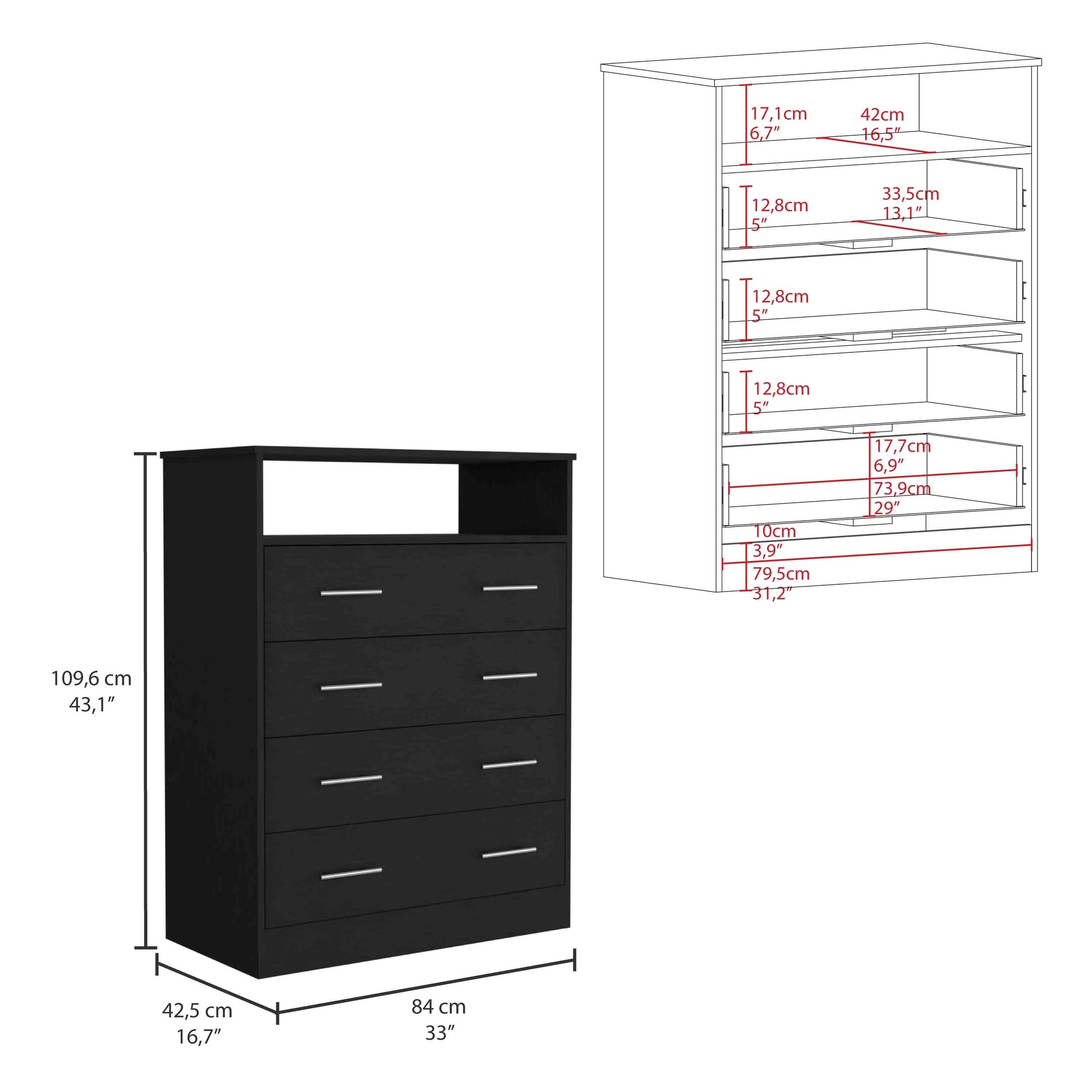 Peru L Four Drawer Dresser, Superior Top, One Open Shelf Black Black Bedroom Modern Particle Board Particle Board