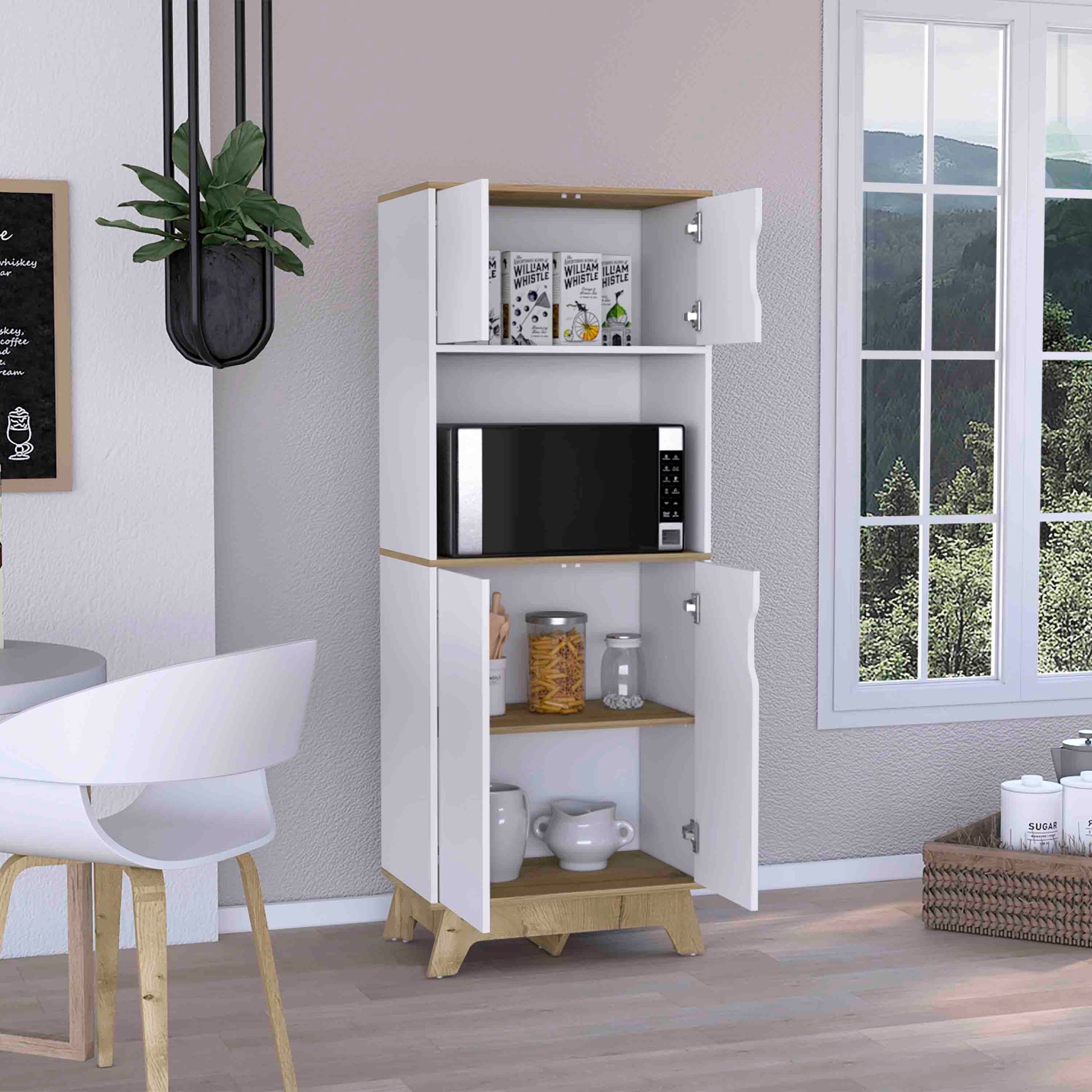 Pamplona Microwave Tall Cabinet Counter Surface, Top And Lower Double Doors Cabinets Light Oak White Multicolor Kitchen Shelves Included Modern Particle Board Particle Board