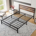 Queen Size Platform Bed Frame With Rustic Vintage Wood Headboard, Strong Metal Slats Support Mattress Foundation, No Box Spring Needed Rustic Brown Box Spring Not Required Queen Black Metal Brown Bedroom Bed Frame Metal & Wood