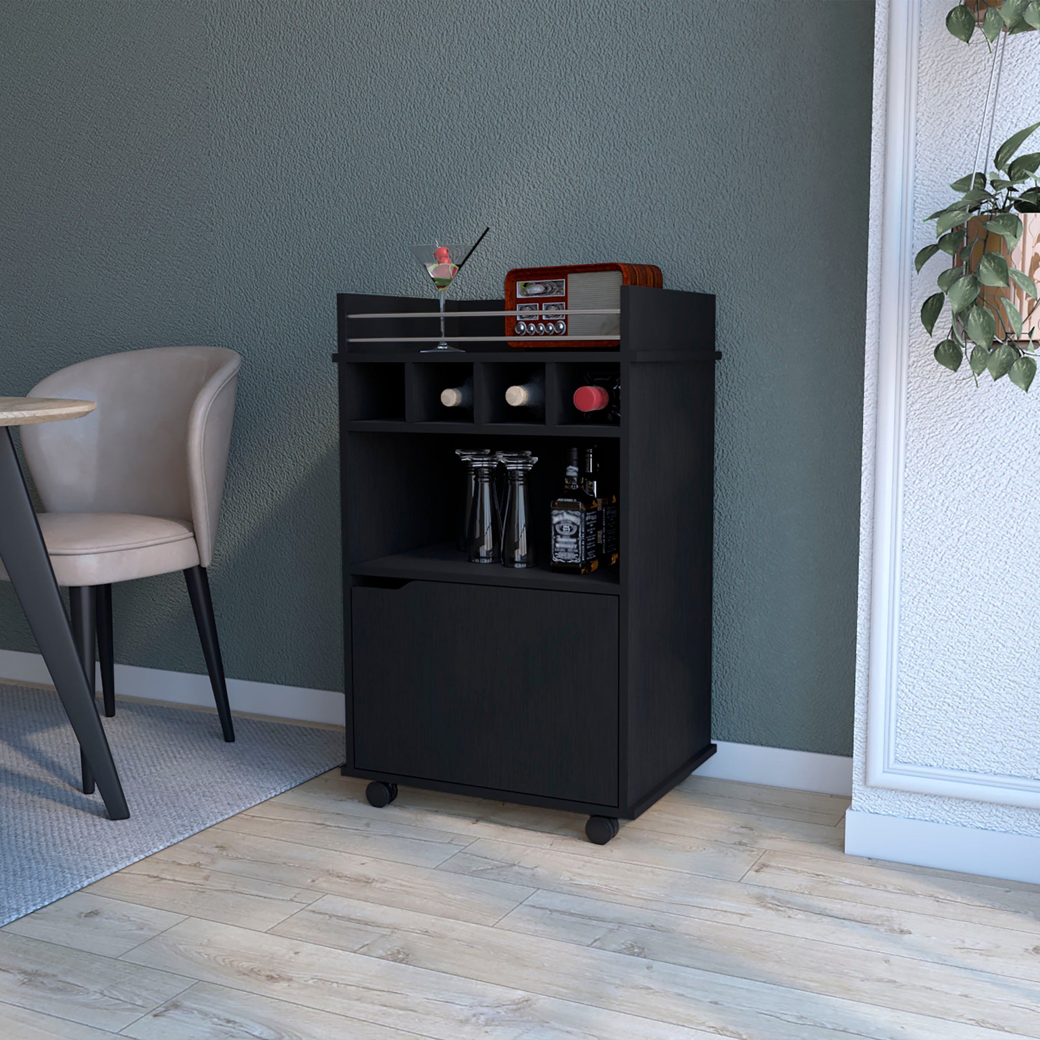 Hannah Black 1 Door Bar Cart - Black Dining Room