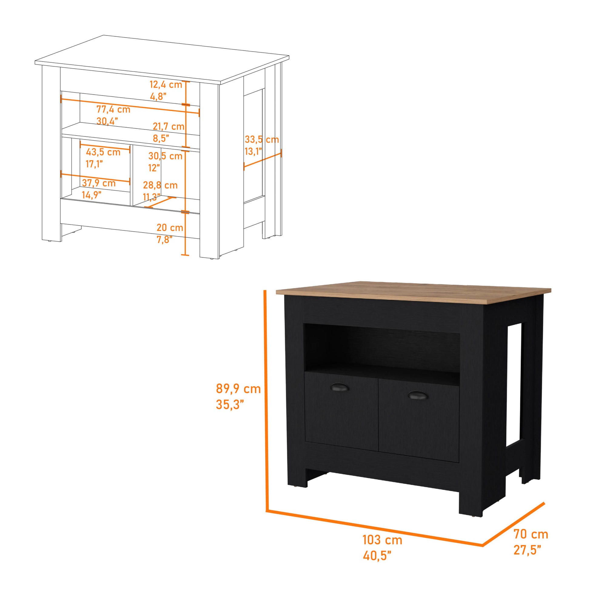 Amelia Black 2 Door Kitchen Island - Black