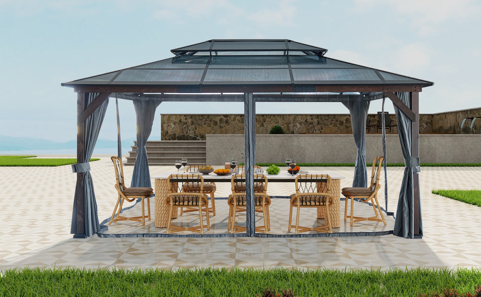 12' X 16' Hardtop Wood Gazebo For Patios, Outdoor Framed Gazebo With Polycarbonate Double Roof Canopy, Solid Wooden Framed Gazebo With Privacy Curtains And Mosquito Nettings For Garden, Backyard Black Aluminium