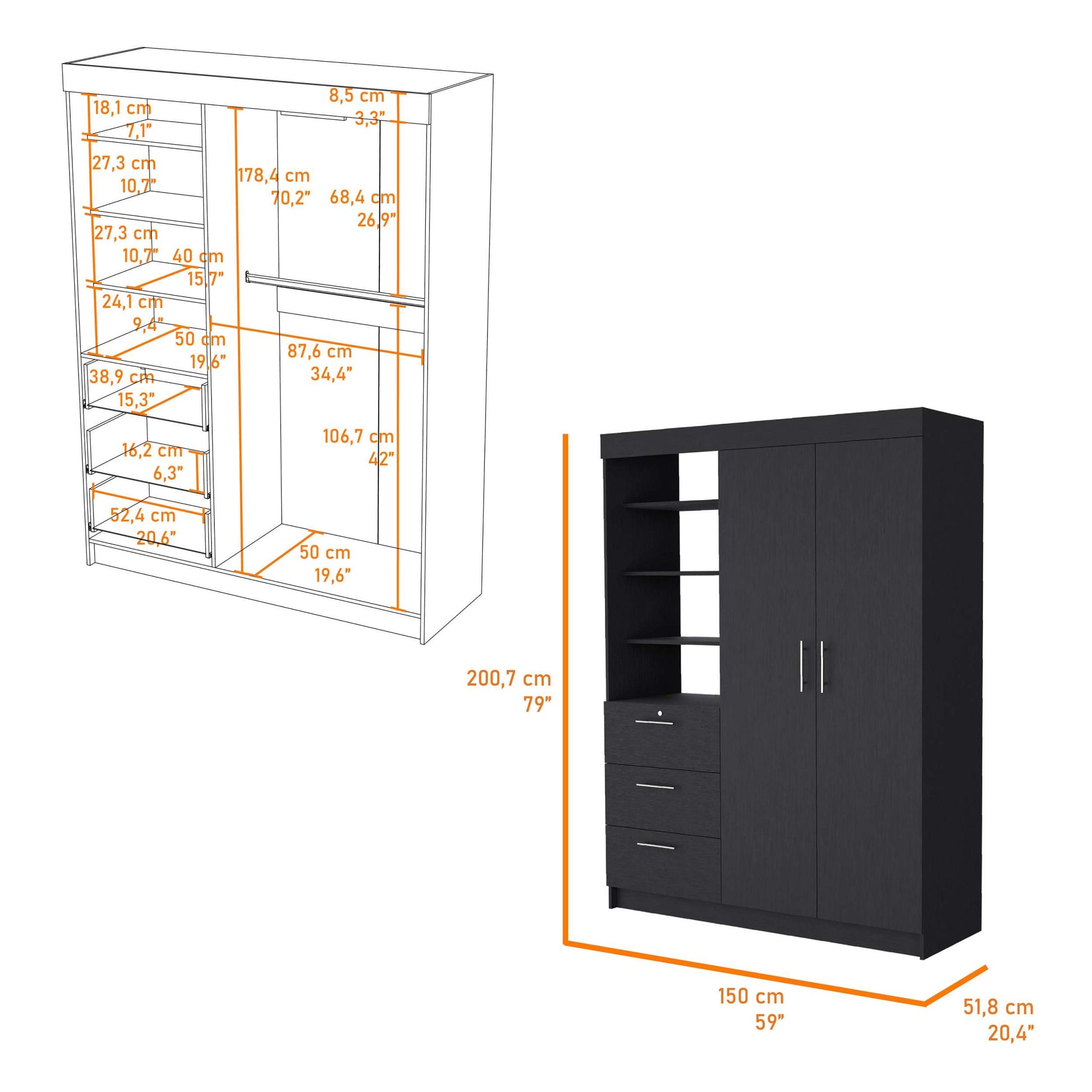 Black 3 Drawer Armoire Black Bedroom Wood