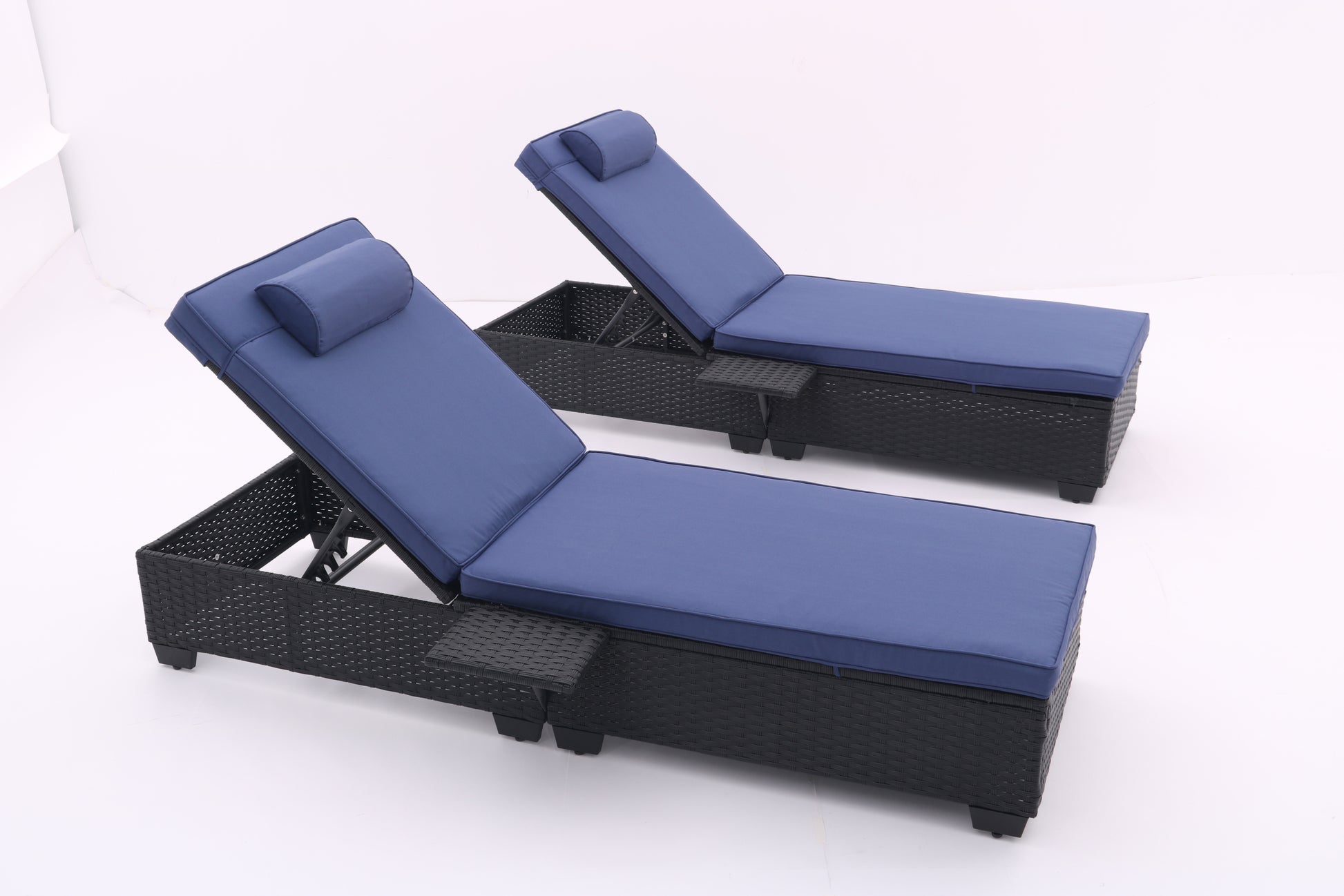 Outdoor Patio Chaise Lounge Chair,Lying In Bed With Pe Rattan And Steel Frame,Pe Wickers,Pool Recliners With Elegant Reclining Adjustable Backrest And Removable Cushions Sets Of 2 Black Navy Blue Yes Black Blue Weather Resistant Frame Pe Rattan Iron