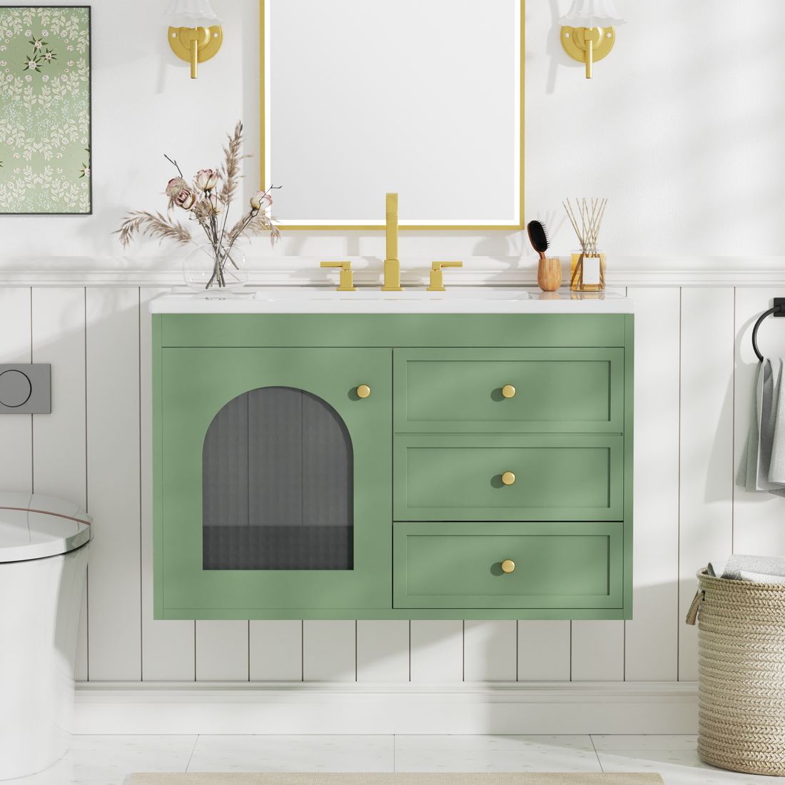 30X18X19.6 Inches Elegant Floating Bathroom Vanity Sink And Cabinet Combo 1 Door And 2 Drawers Green Bathroom Mdf