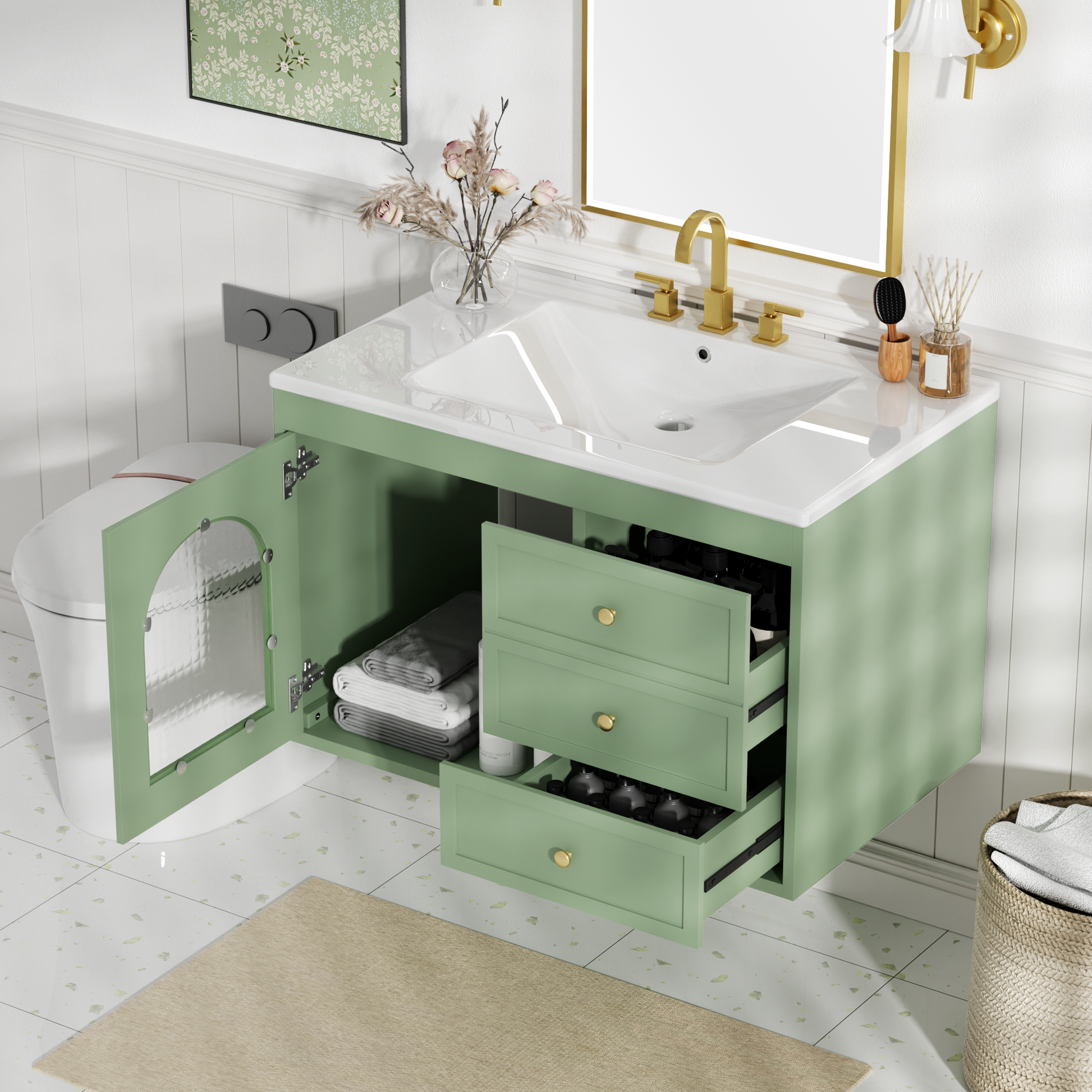 30X18X19.6 Inches Elegant Floating Bathroom Vanity Sink And Cabinet Combo 1 Door And 2 Drawers Green Bathroom Mdf