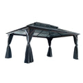 12' X 16' Hardtop Wood Gazebo For Patios, Outdoor Framed Gazebo With Polycarbonate Double Roof Canopy, Solid Wooden Framed Gazebo With Privacy Curtains And Mosquito Nettings For Garden, Backyard Black Aluminium