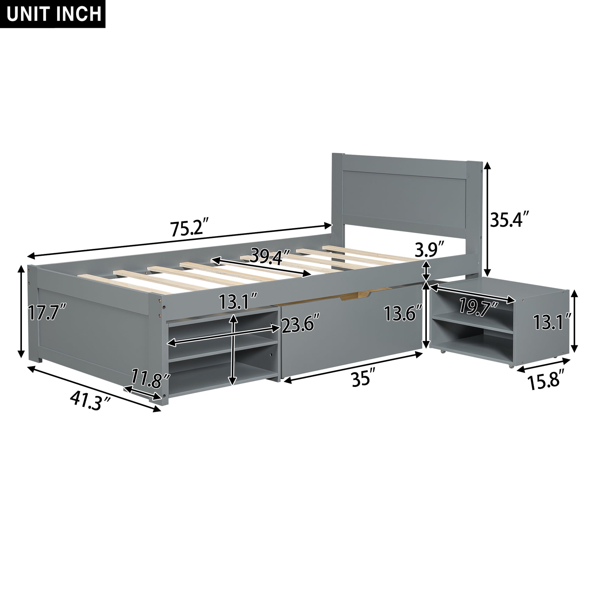 Twin Size Platform Bed With Drawer And Two Shelves, Gray Antique Gray Mdf Lvl