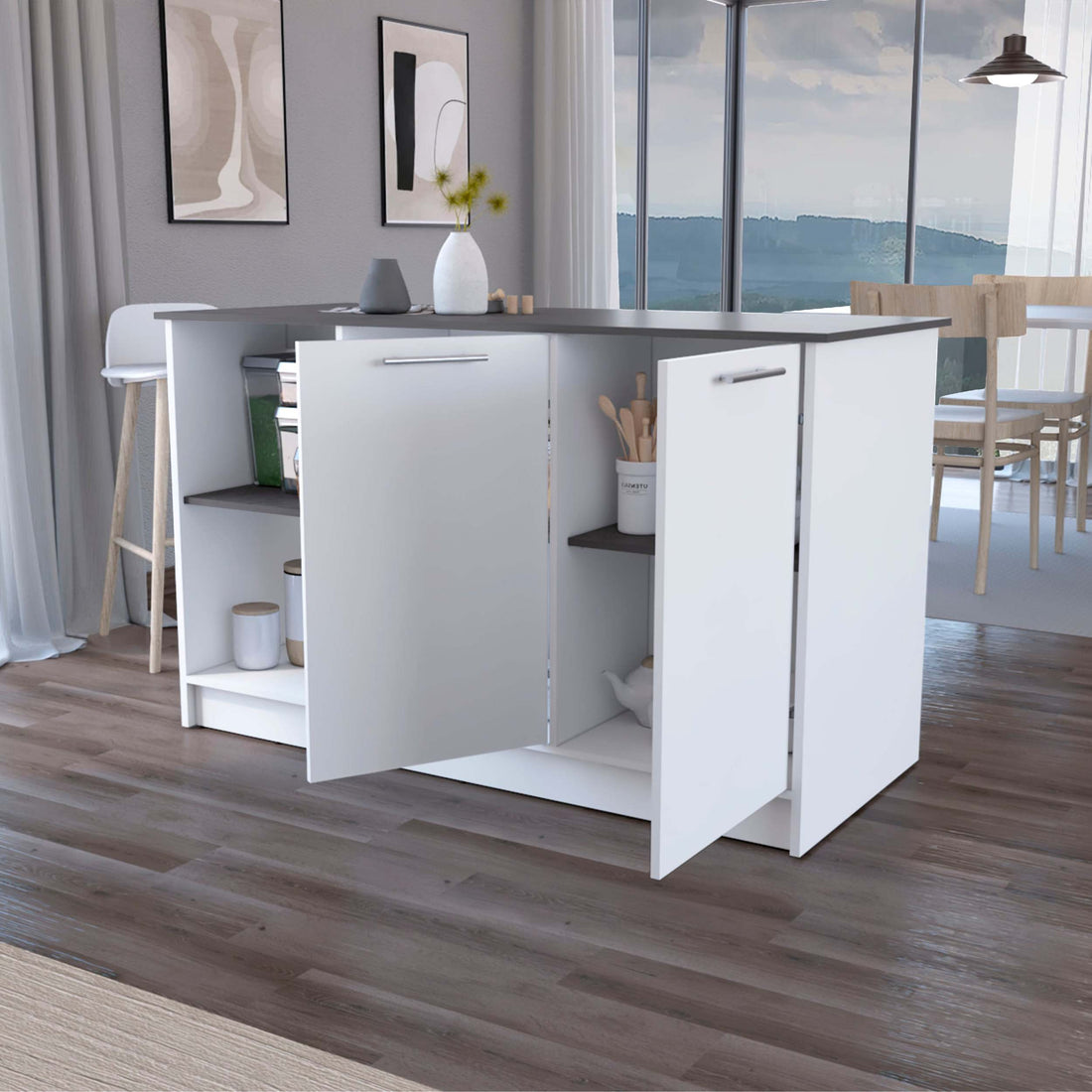 White And Onyx Double Door Cabinets Kitchen Island White Gray Kitchen Rectangular Stationary Kitchen Islands Wood Large 56 In