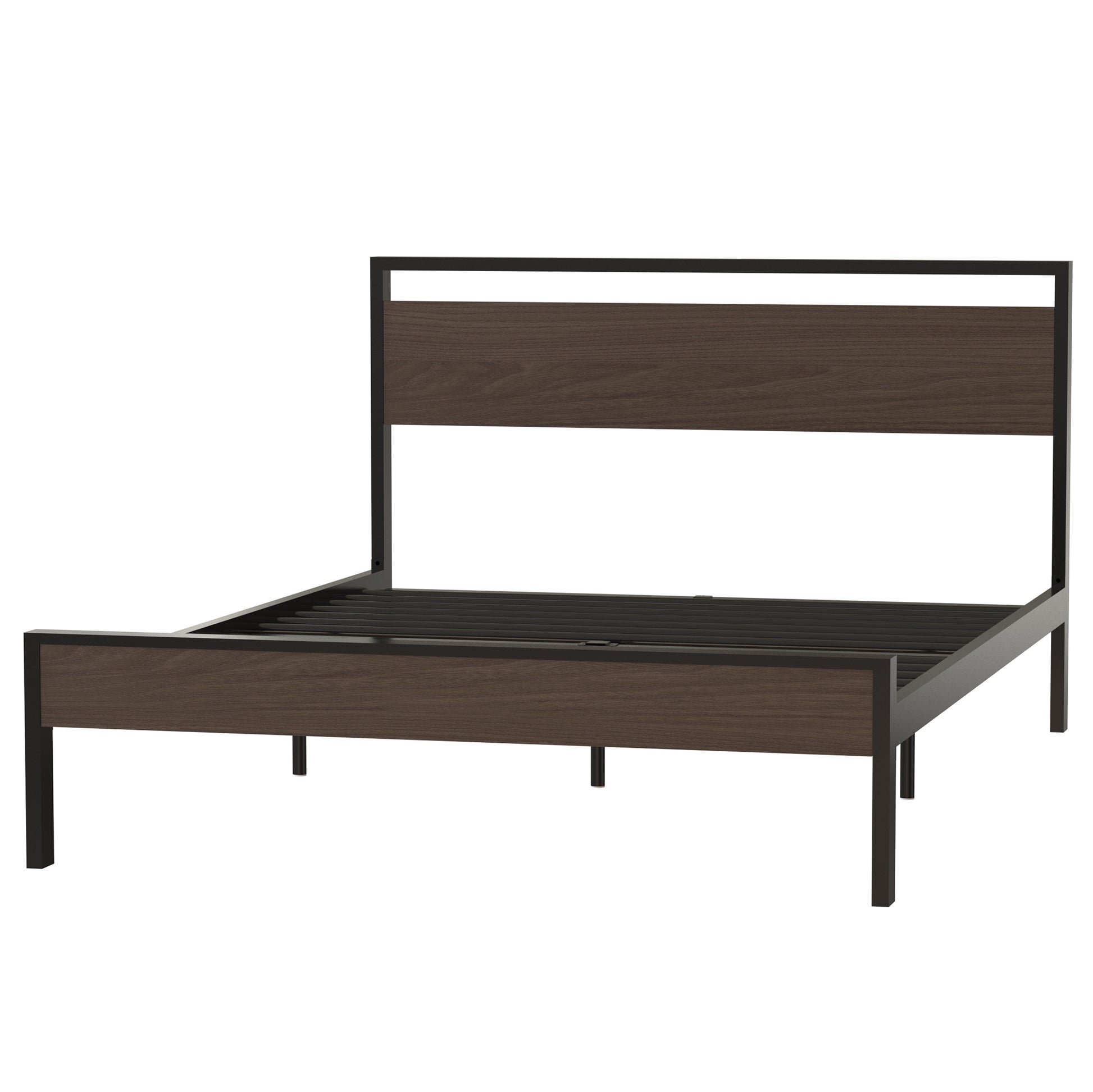 Ceres Metal Bed, Black With Walnut Wood Headboard&Footboard, Queen Box Spring Not Required Queen Black Metal Red Bedroom Bed Frame Metal Metal