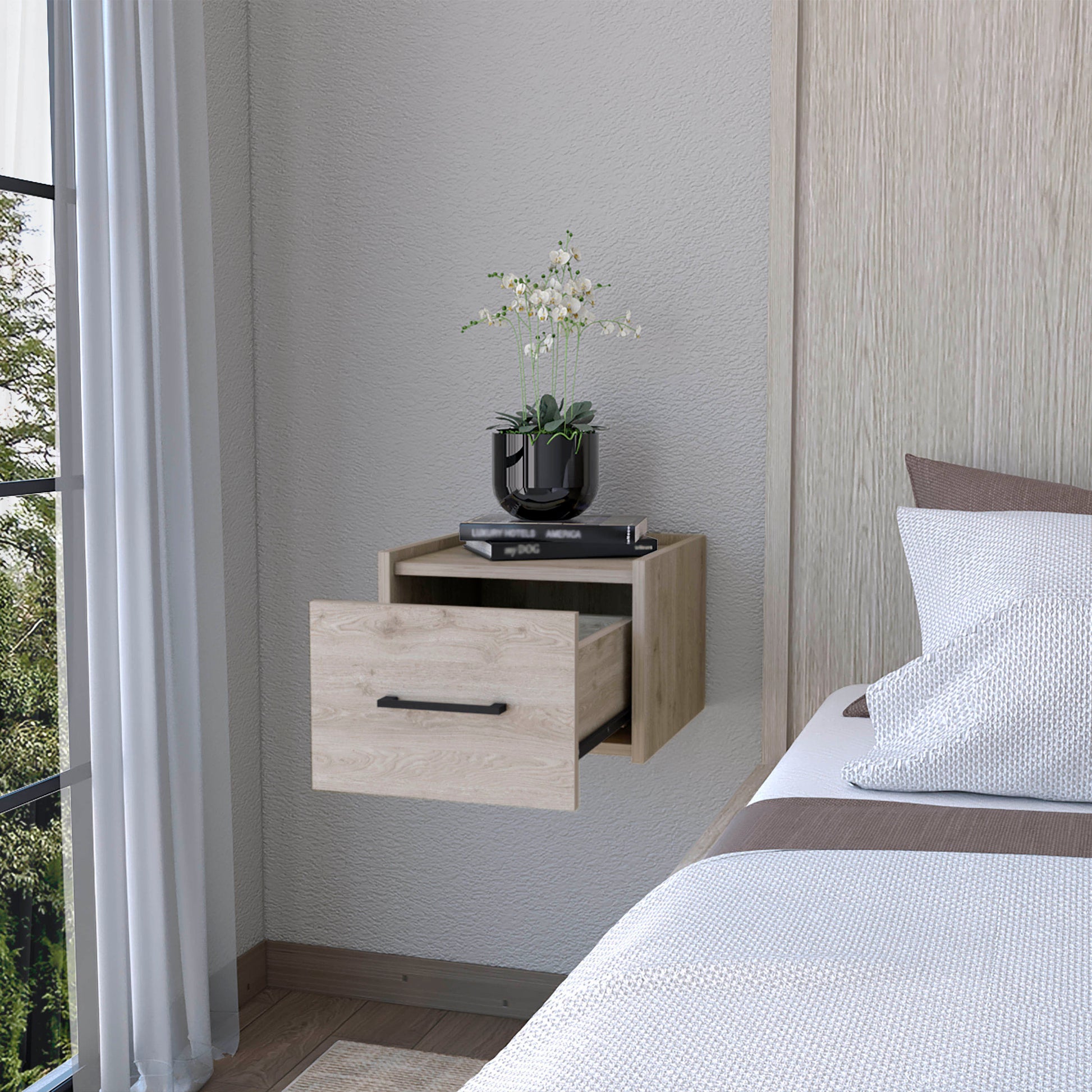 Light Gray Wall Mounted Floating Nightstand Light Gray Gray 1 Drawer Bedroom Floating Space Saving Wood