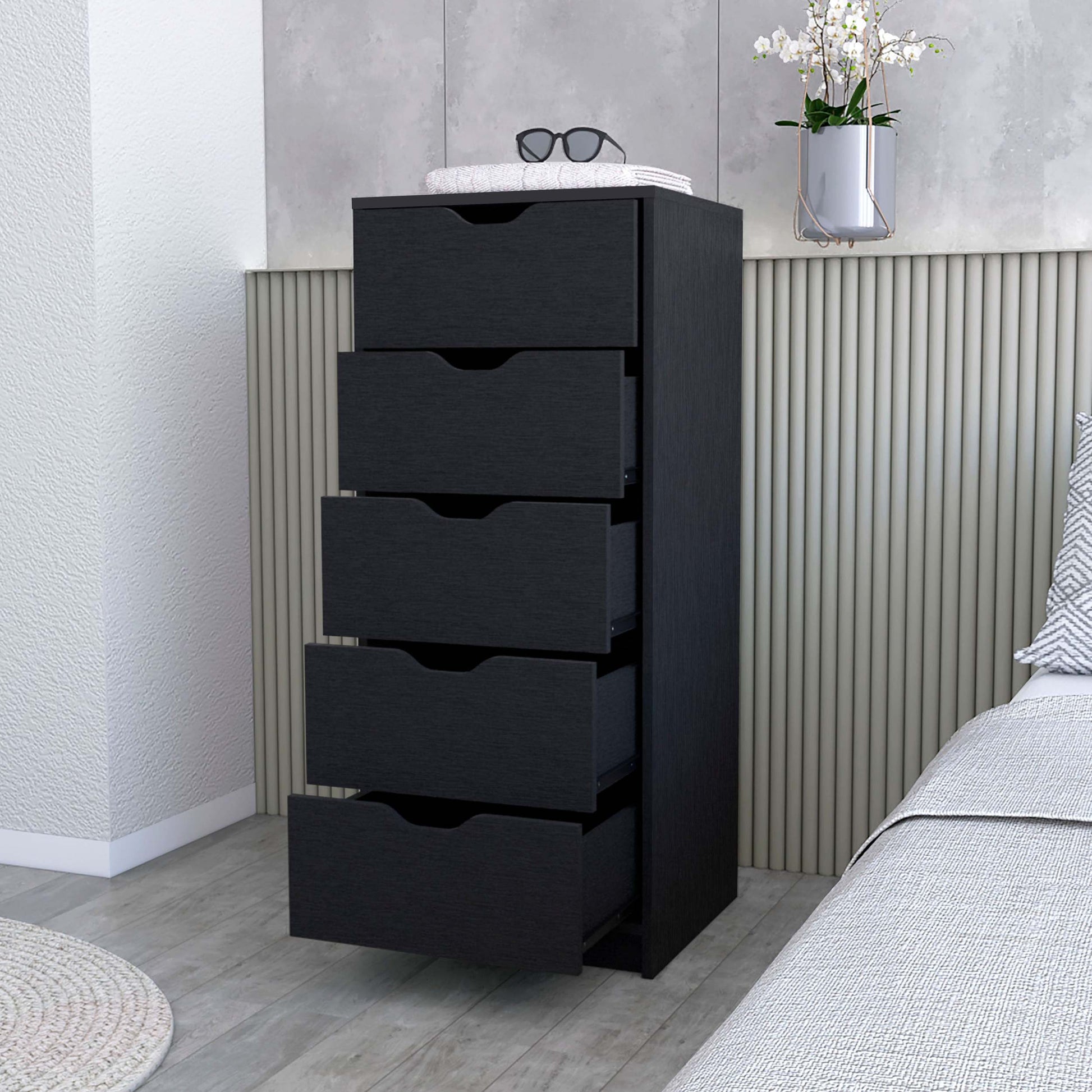 Logan Black 5 Narrow Drawer Dresser Black Bedroom Wood