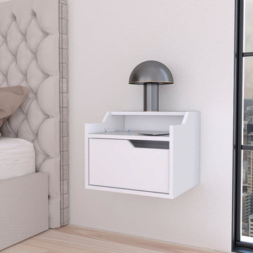 White Dual Shelf Display Nightstand White White 1 Drawer Bedroom Floating Easy Assembly Wood