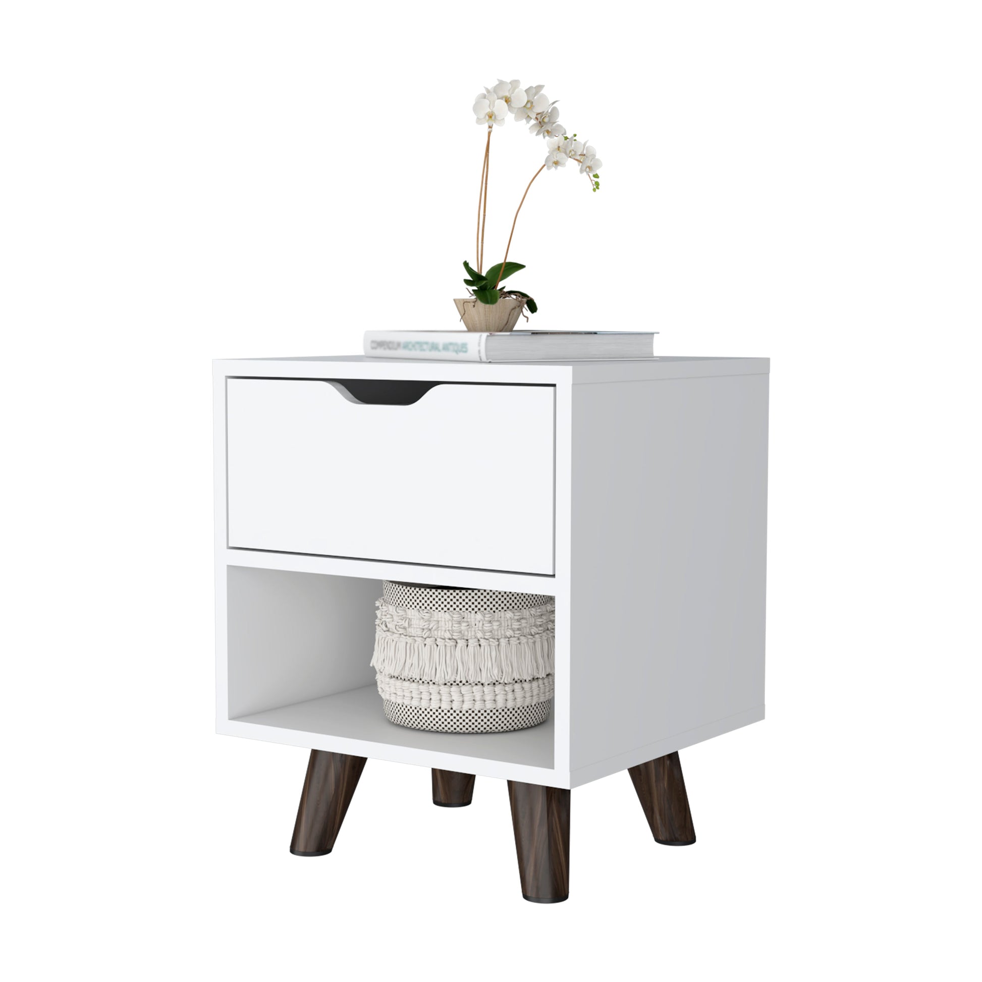 White 1 Open Storage Shelf Nightstand White White 1 Drawer Bedroom With Legs Shelf White Wood