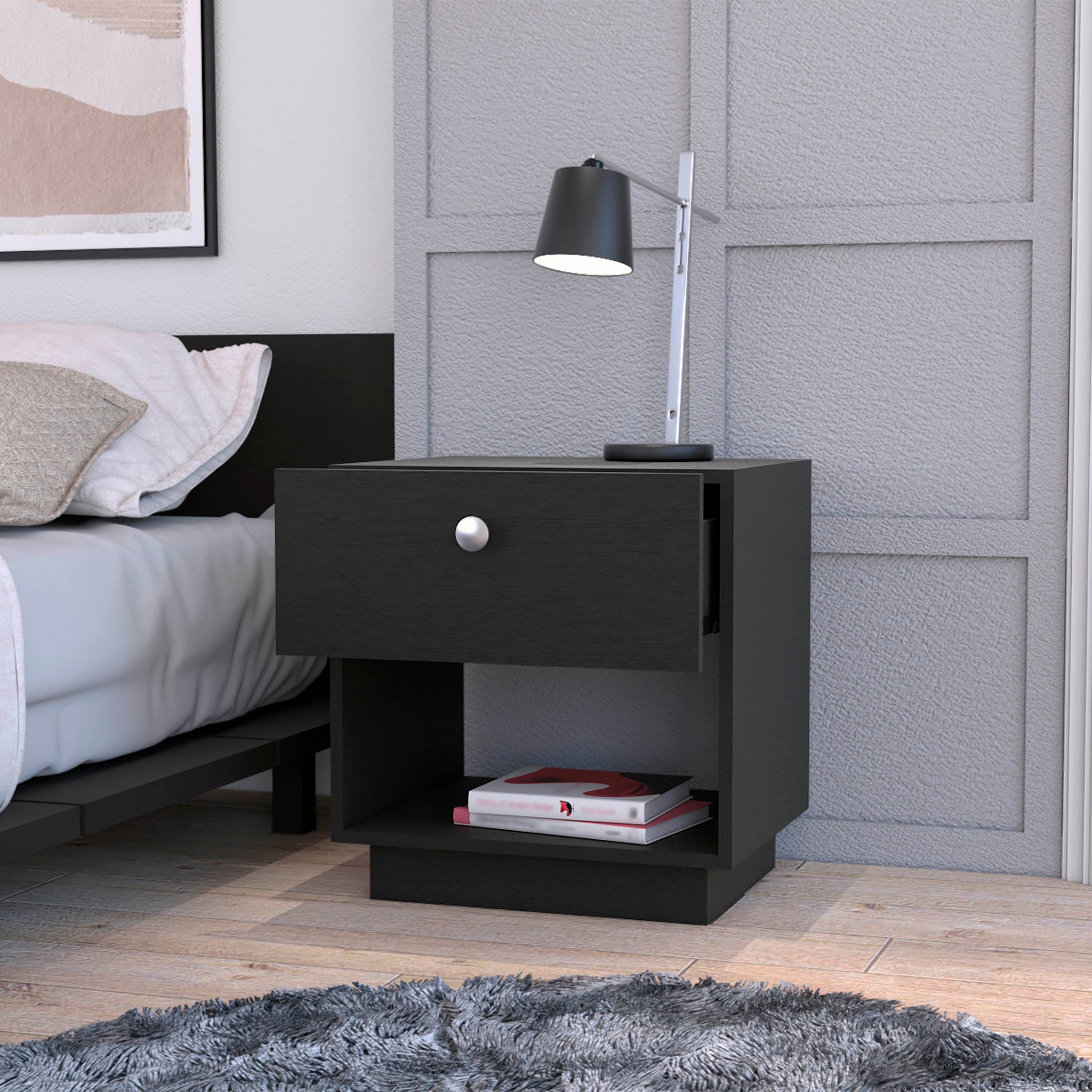 Black 1 Drawer Nightstand Black 1 Drawer Bedroom Open Storage Storage Black Wood