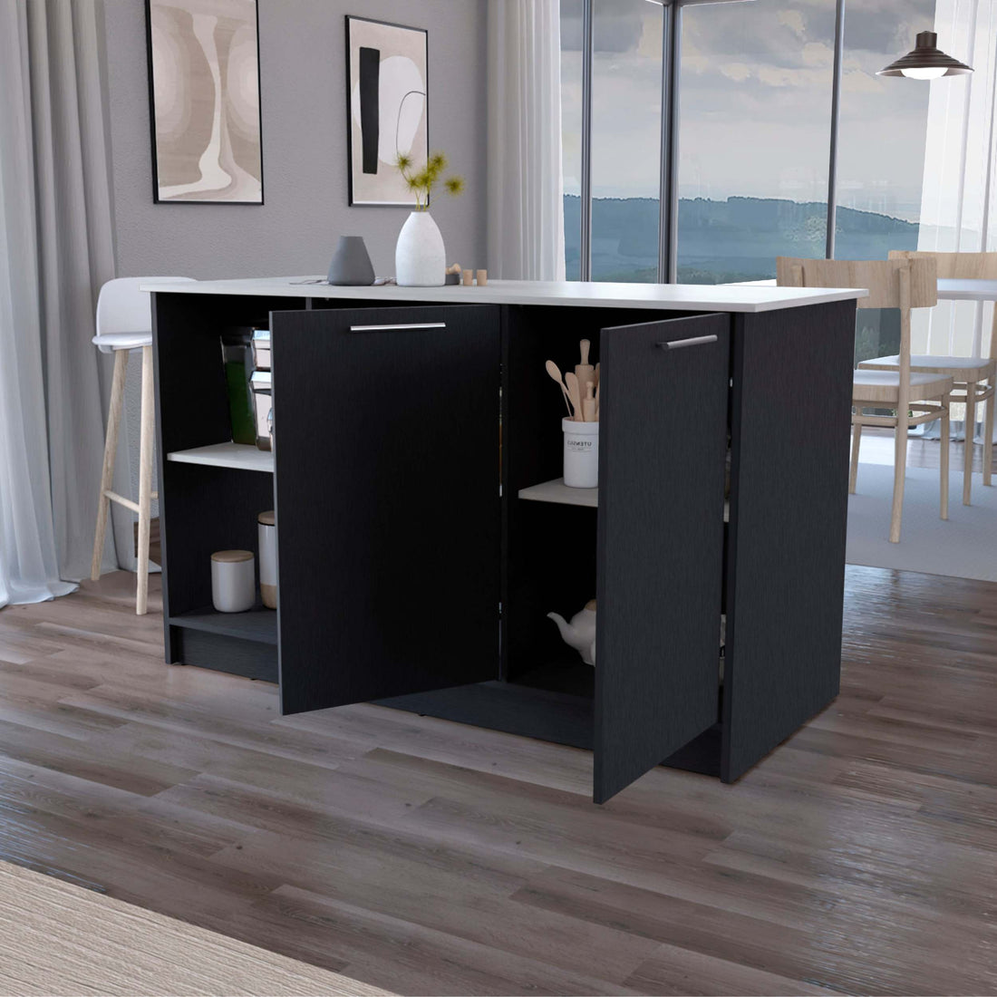 Black And Onyx Double Door Cabinets Kitchen Island Black Grey Kitchen Rectangular Stationary Kitchen Islands Wood Large 56 In