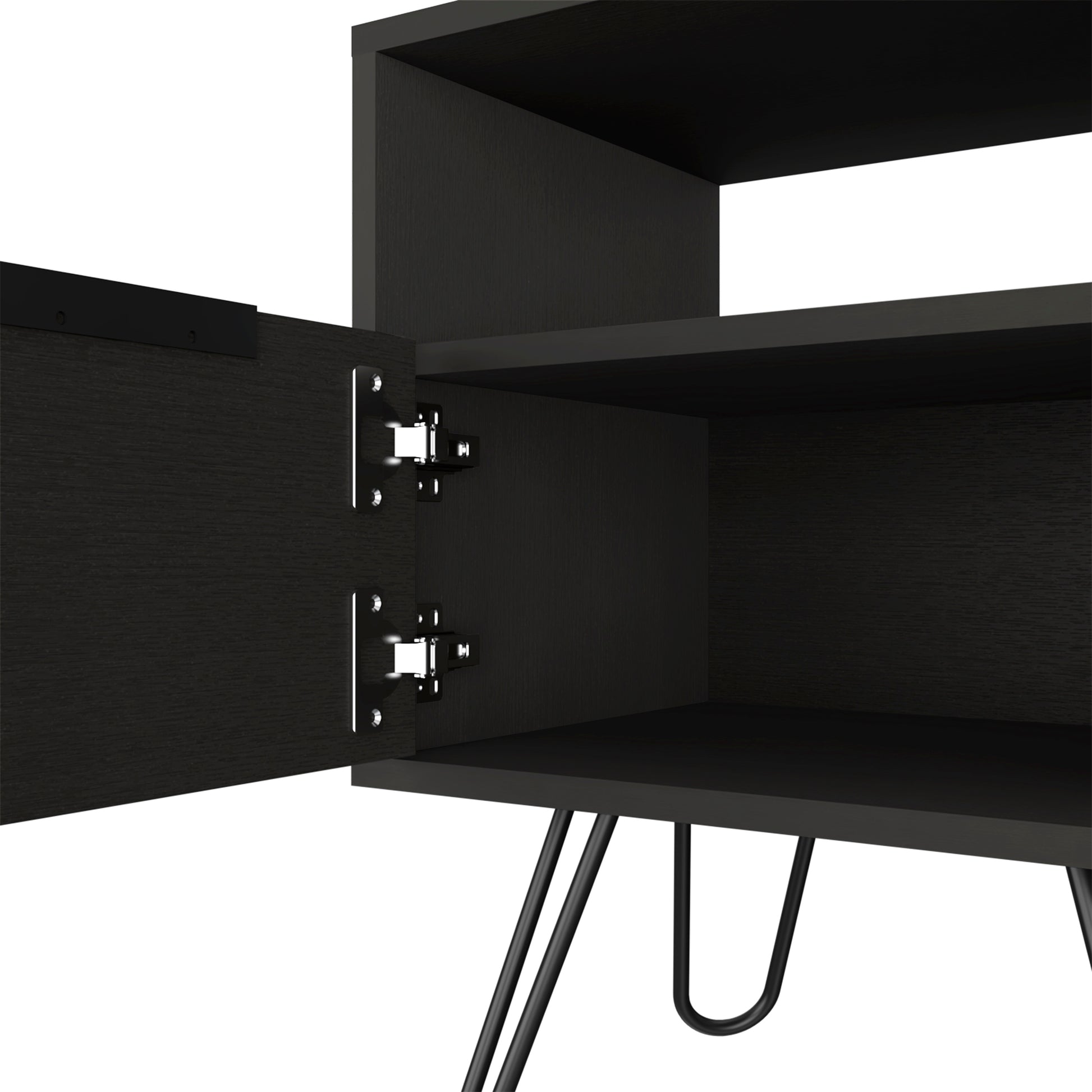 Nightstand 22"H, One Open Shelf, Single Door Cabient, Hairpin Legs, Black Black Particle Board Particle Board