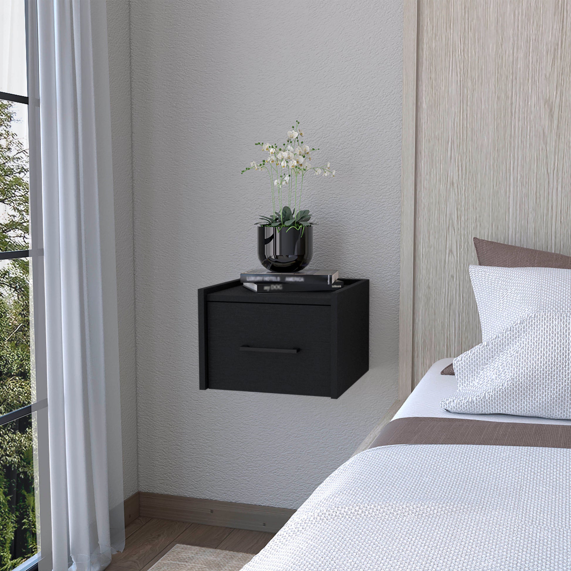 Black Wall Mounted Floating Nightstand Black 1 Drawer Bedroom Floating Space Saving Black Wood