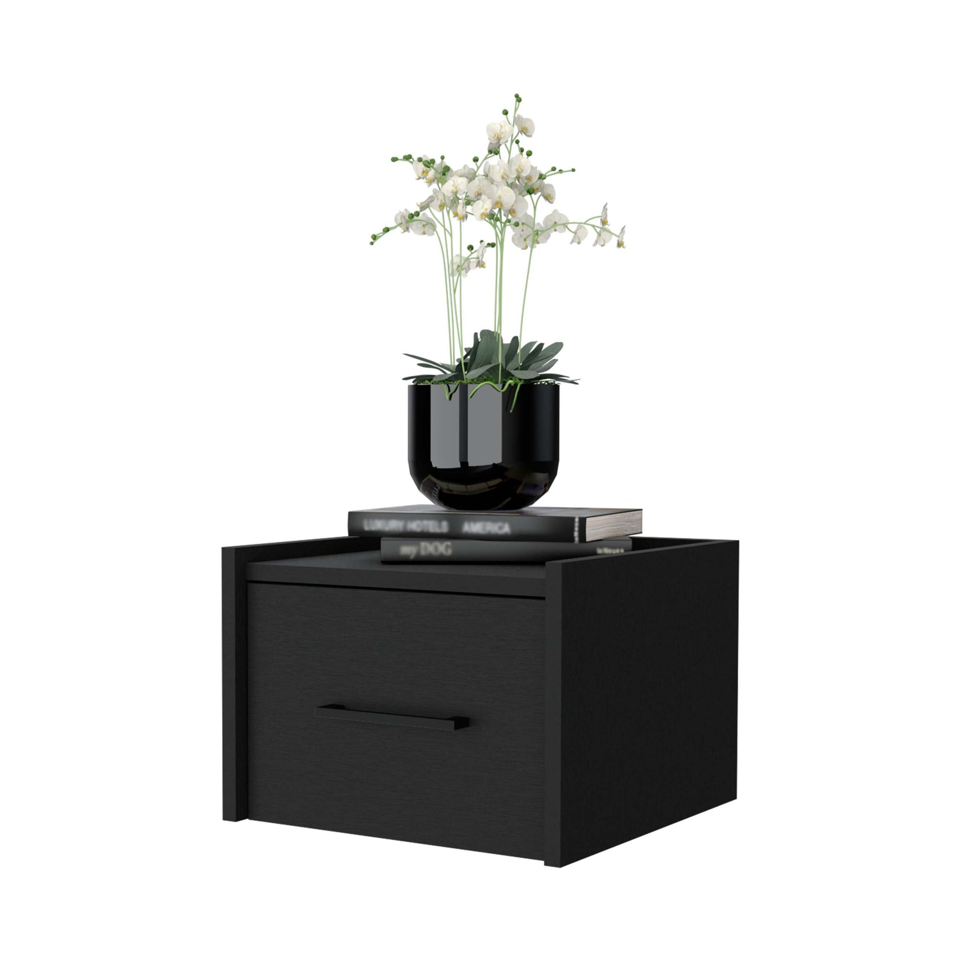 Black Wall Mounted Floating Nightstand Black 1 Drawer Bedroom Floating Space Saving Black Wood