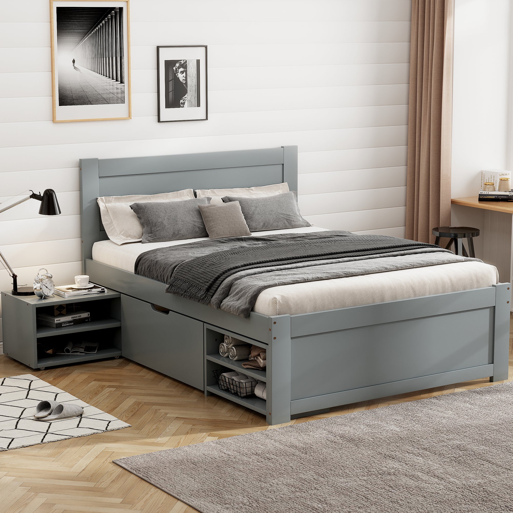 Twin Size Platform Bed With Drawer And Two Shelves, Gray Antique Gray Mdf Lvl