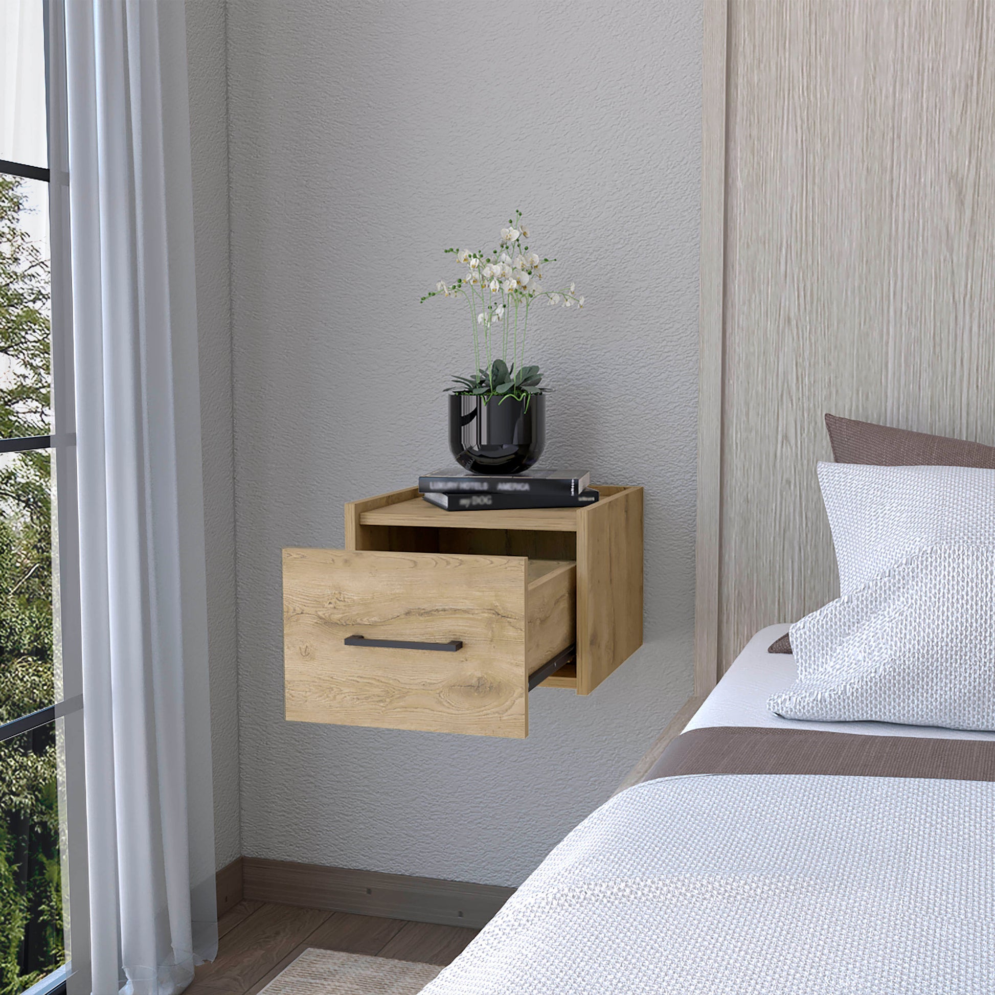 Macadamia Wall Mounted Floating Nightstand Natural 1 Drawer Bedroom Floating Space Saving Wood