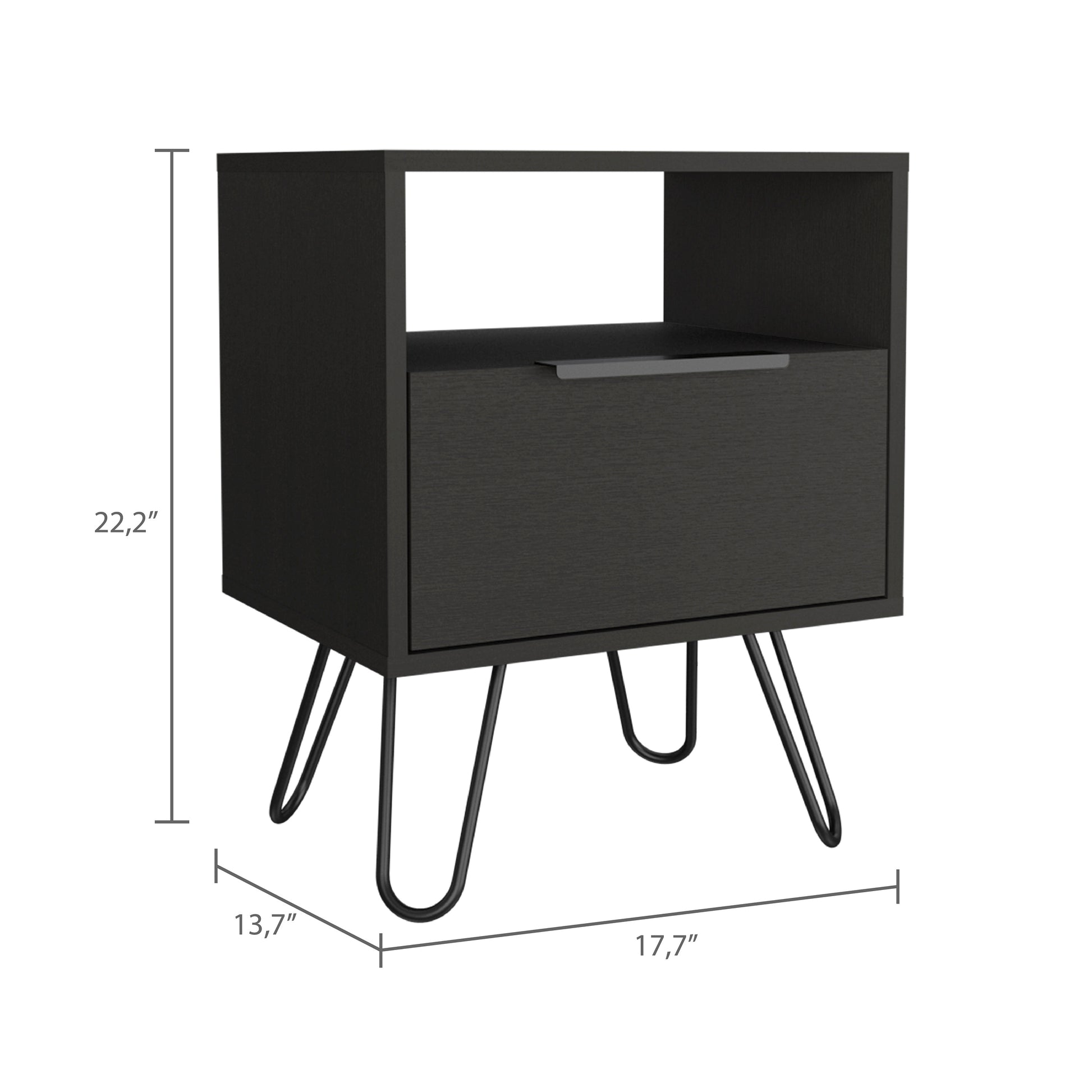 Nightstand 22"H, One Open Shelf, Single Door Cabient, Hairpin Legs, Black Black Particle Board Particle Board