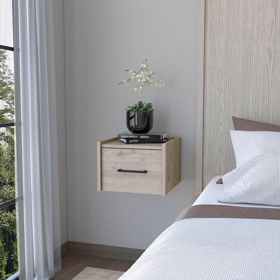 Light Gray Wall Mounted Floating Nightstand Light Gray Gray 1 Drawer Bedroom Floating Space Saving Wood