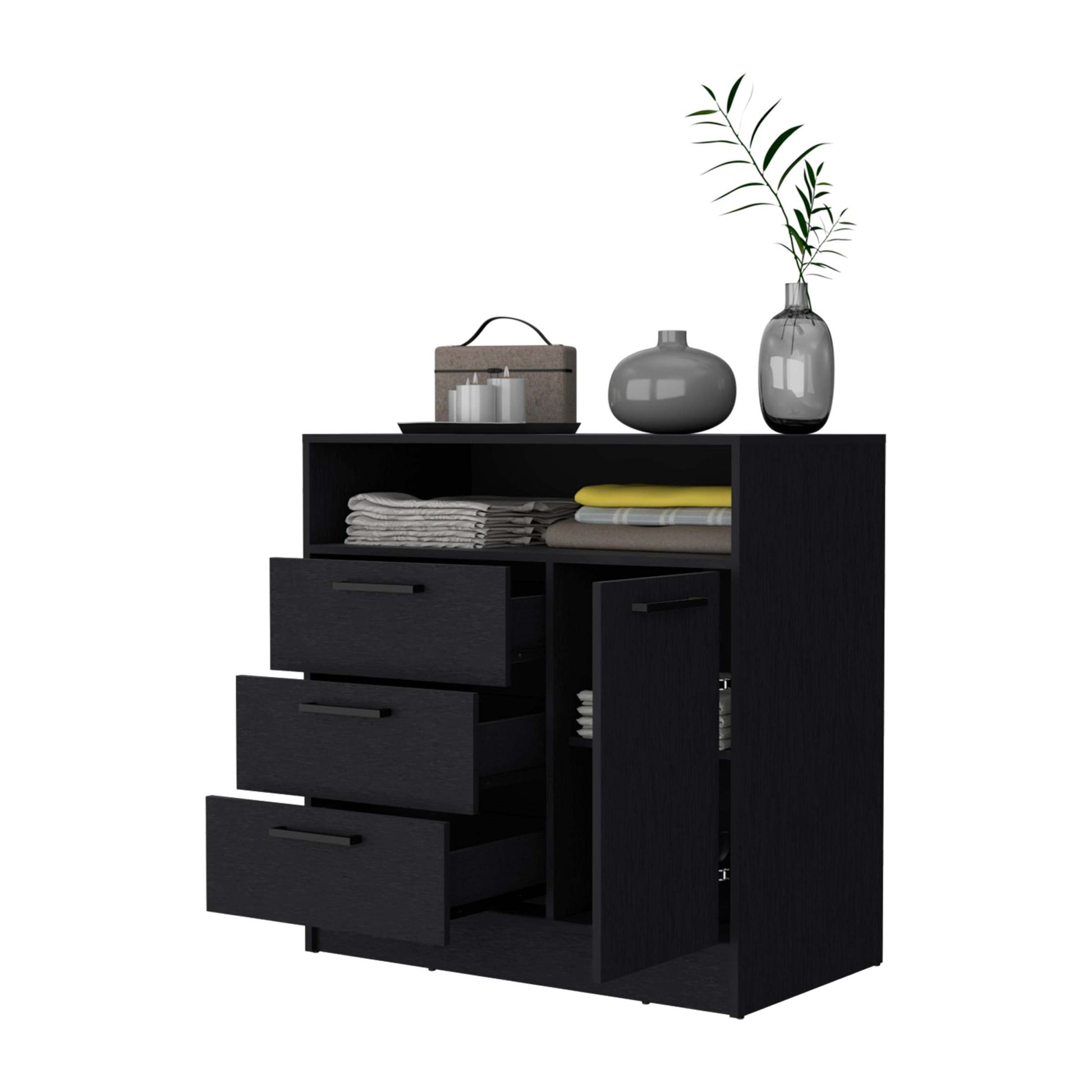 Black Open Storage Shelf 3 Drawer Dresser Black Bedroom Wood