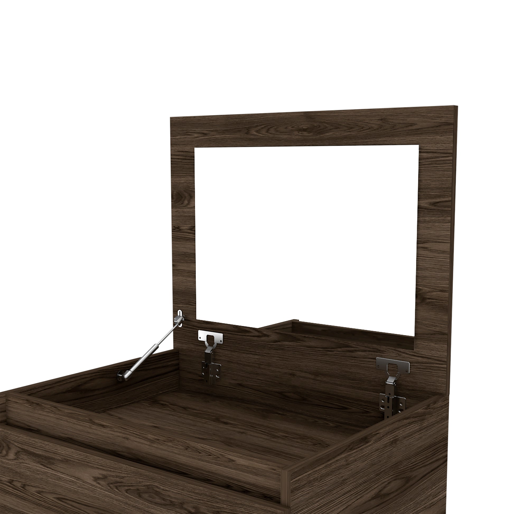 Dresser 43"H, Jewelry Box, Mirror, Single Door Cabinet, Two Drawers, Dark Walnut Brown Particle Board Particle Board