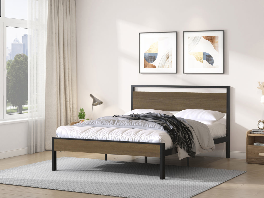 Ceres Metal Bed, Black With Cinnamon Wood Headboard & Footboard, Queen Box Spring Not Required Queen Black Metal Bedroom Bed Frame Metal Metal